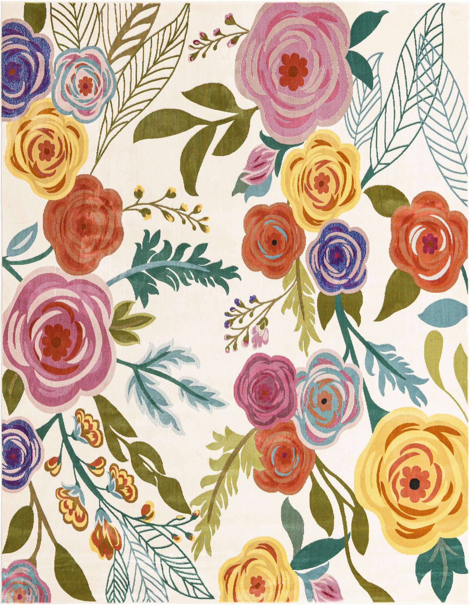 A square ivory rug with a vibrant modern floral pattern featuring large pink, yellow, orange, and blue flowers with green leaves.