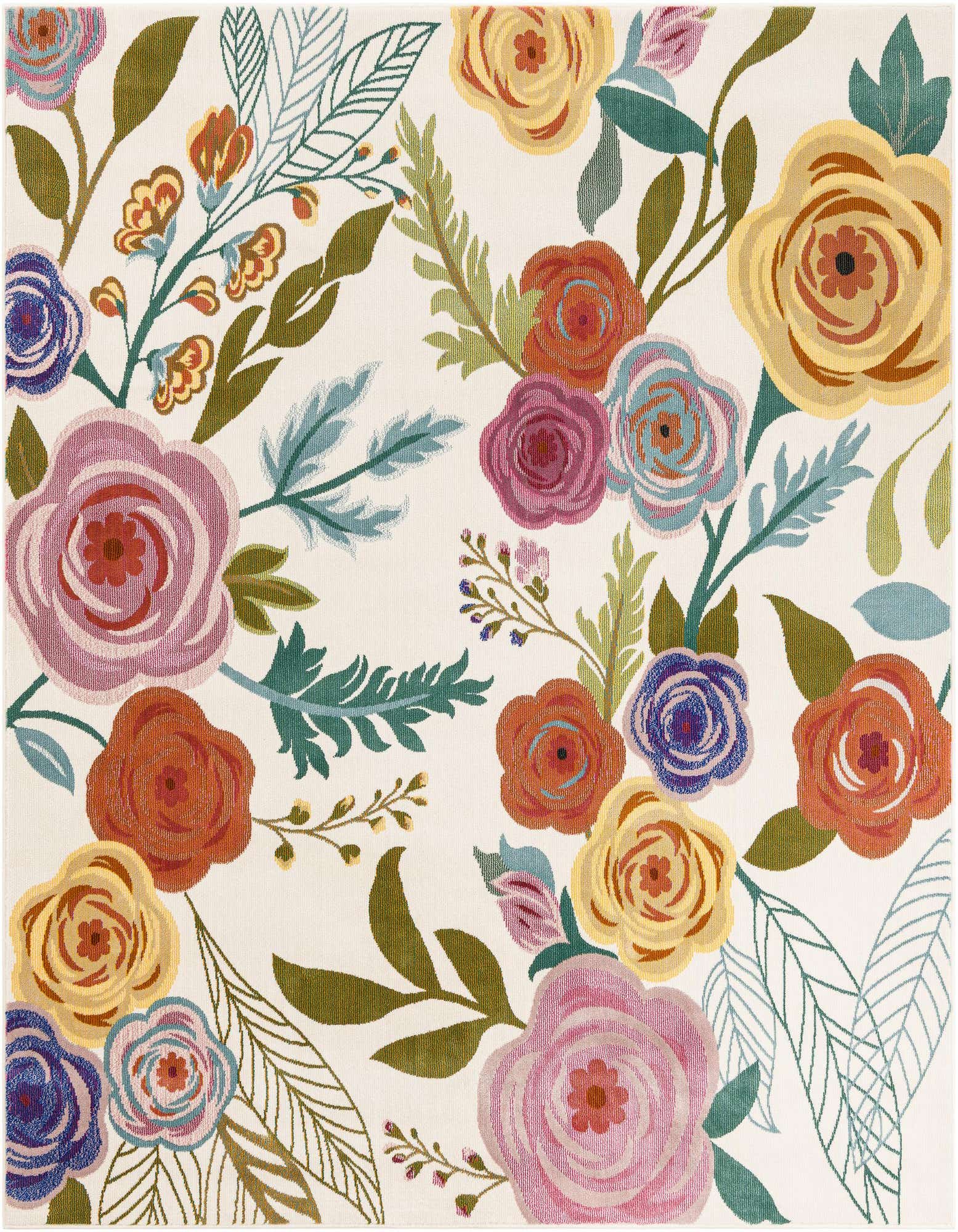 A square ivory modern floral rug with colorful roses and leaves in pink, orange, yellow, blue, and green.