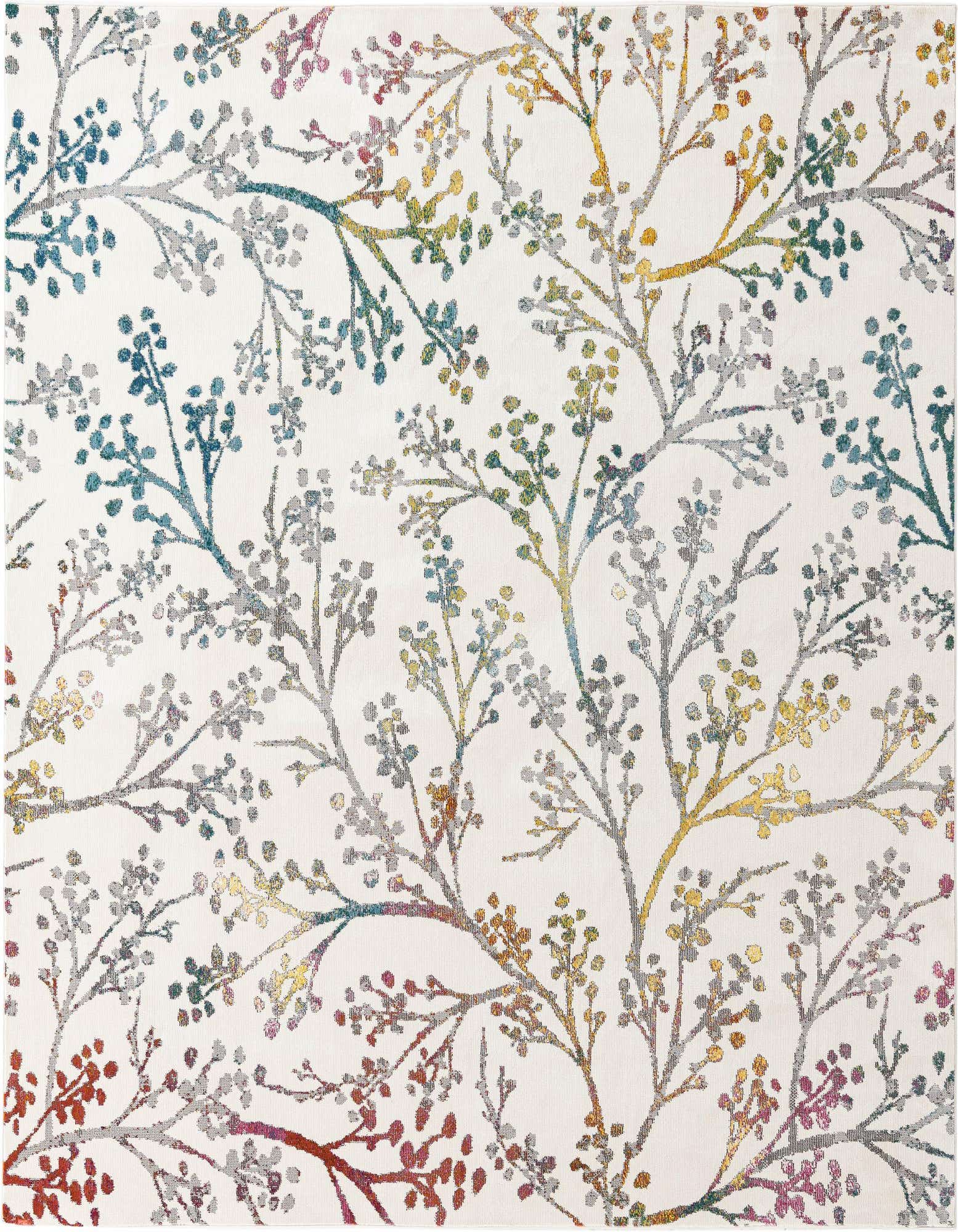 A 5' 3 x 5' 3 square ivory modern floral rug with a pattern of colorful branches and small leaves in teal, yellow, green, and red.