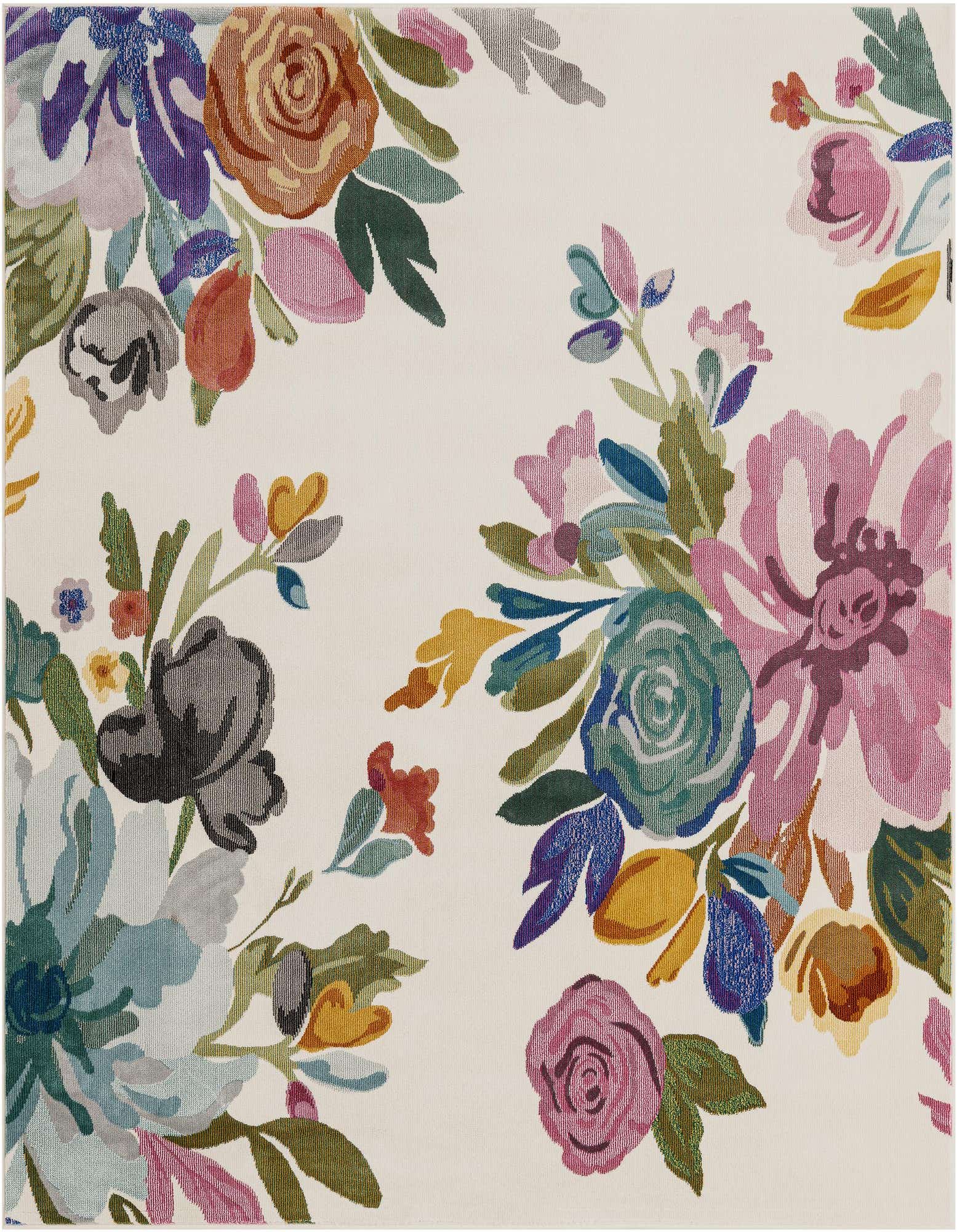 A square ivory rug with large, vibrant floral patterns in shades of pink, teal, orange, and purple, suitable for a patio.