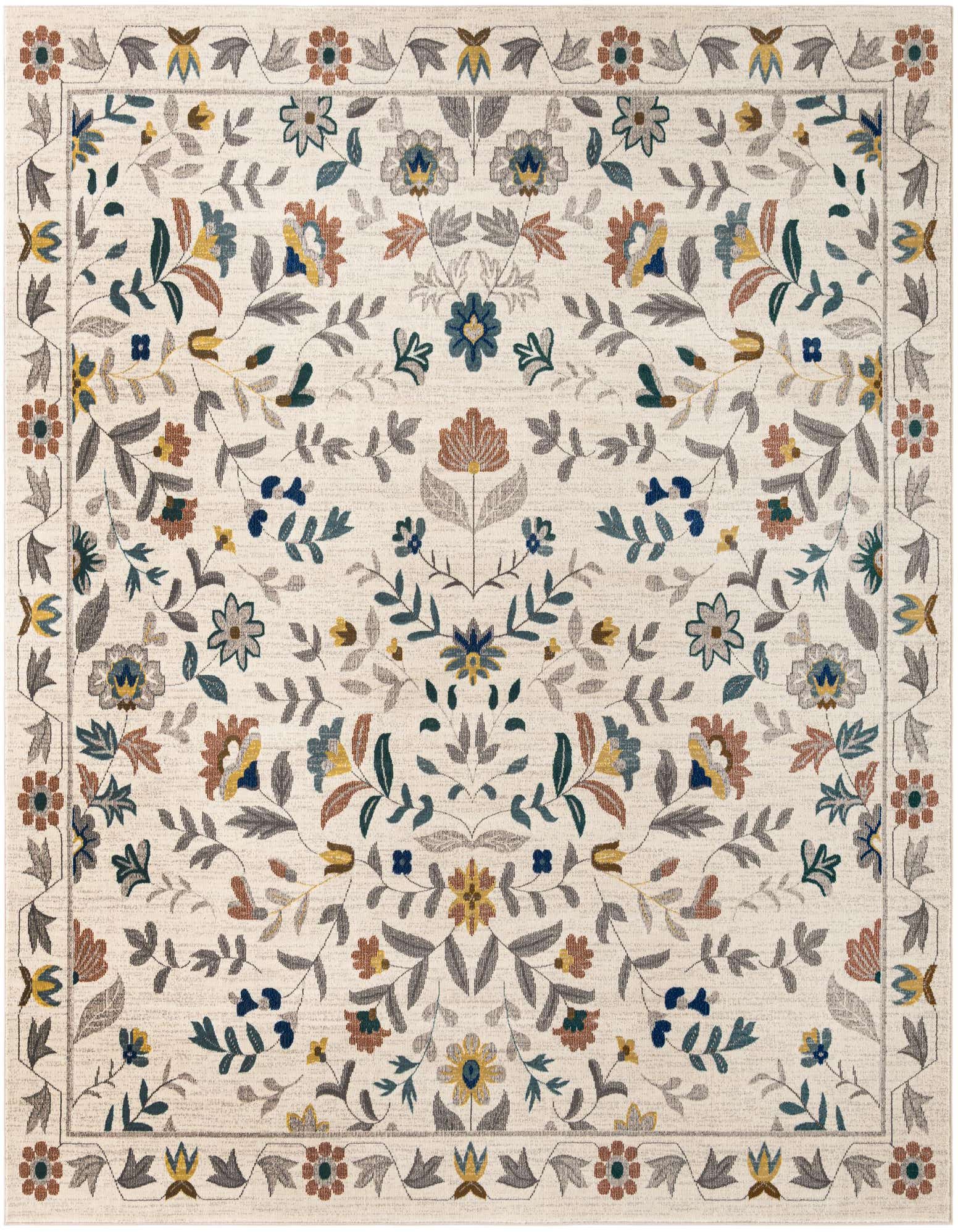 A square ivory rug with a detailed floral pattern in muted blues, greens, rust, and gold, featuring a decorative border.