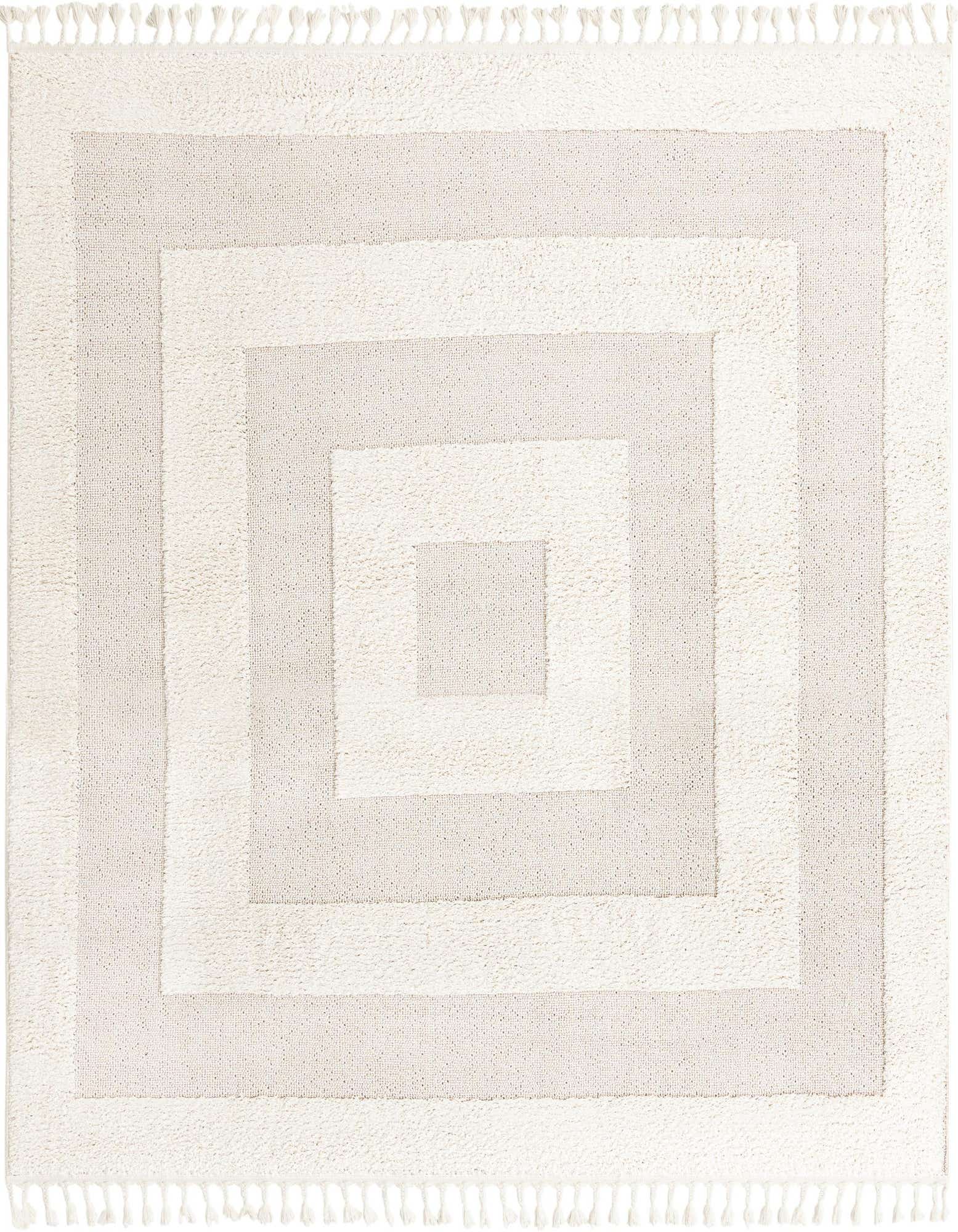 A square ivory and cream rug featuring a modern striped pattern of concentric squares with fringed edges.