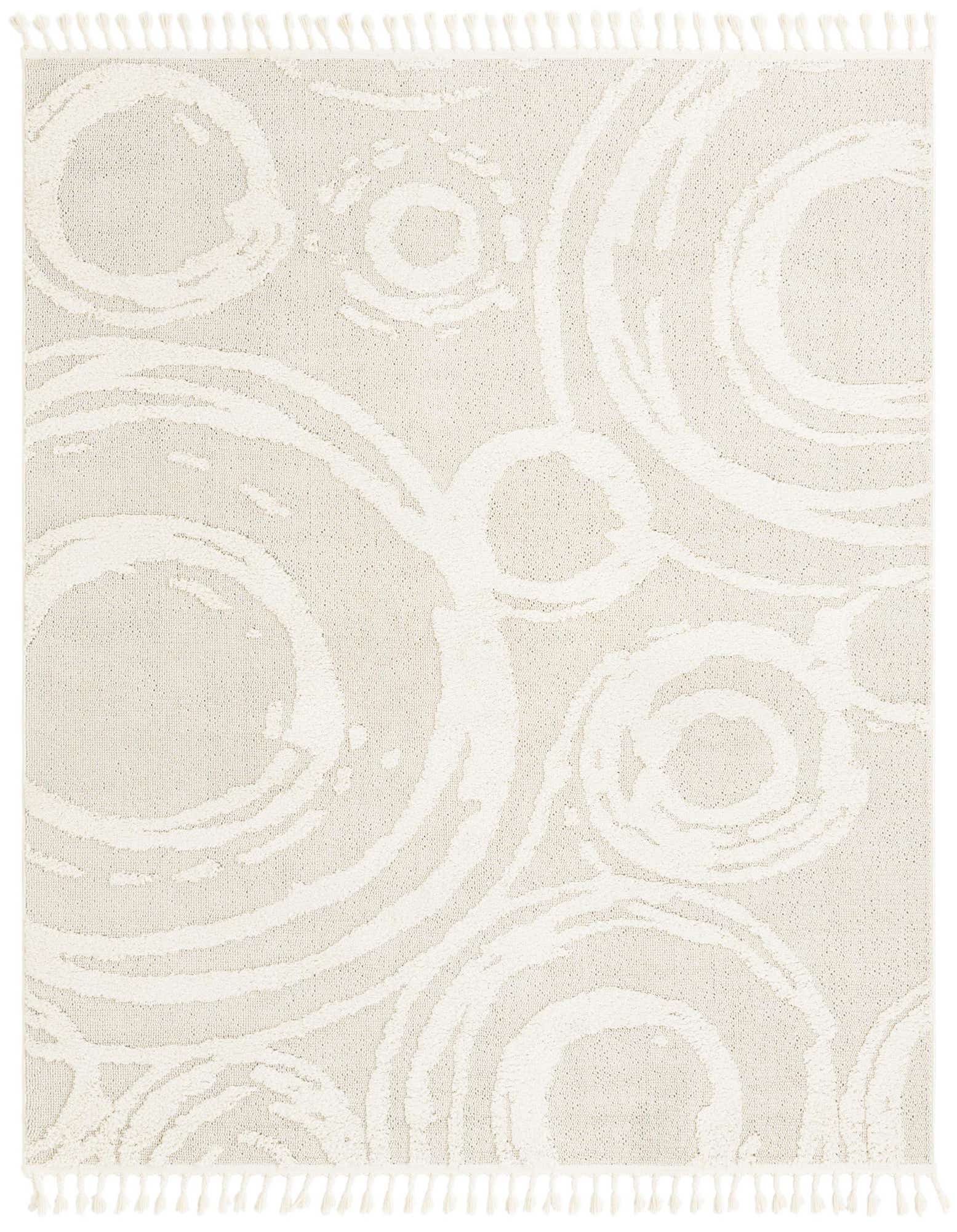 A 7' 10 x 7' 10 square ivory and white rug with an abstract, modern circular pattern and fringed edges.