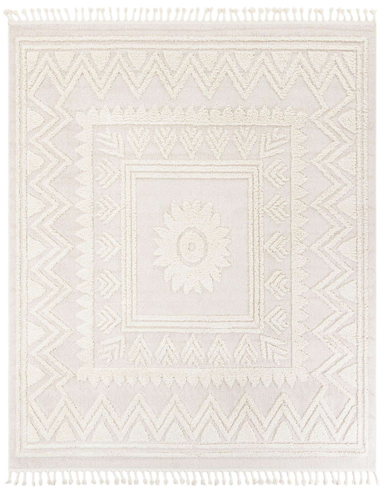 A 10'x10' square ivory modern area rug with a textured geometric pattern and central floral medallion.