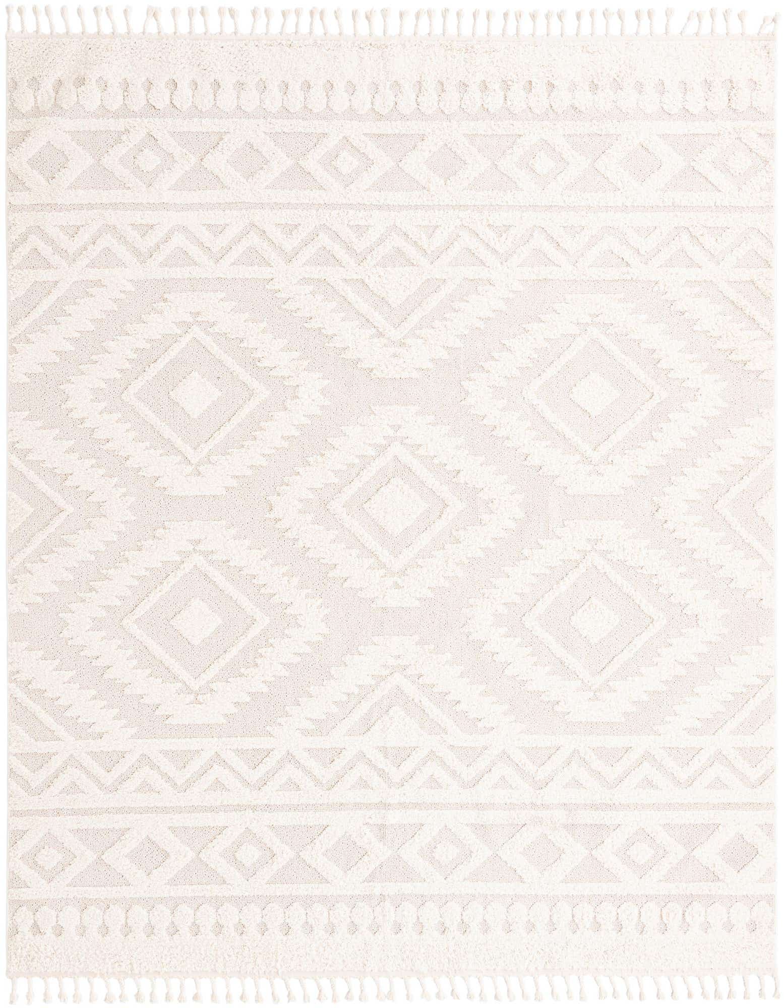 A 10'x10' square ivory and cream rug with a textured geometric pattern and fringe edges, suitable for a living room or patio.