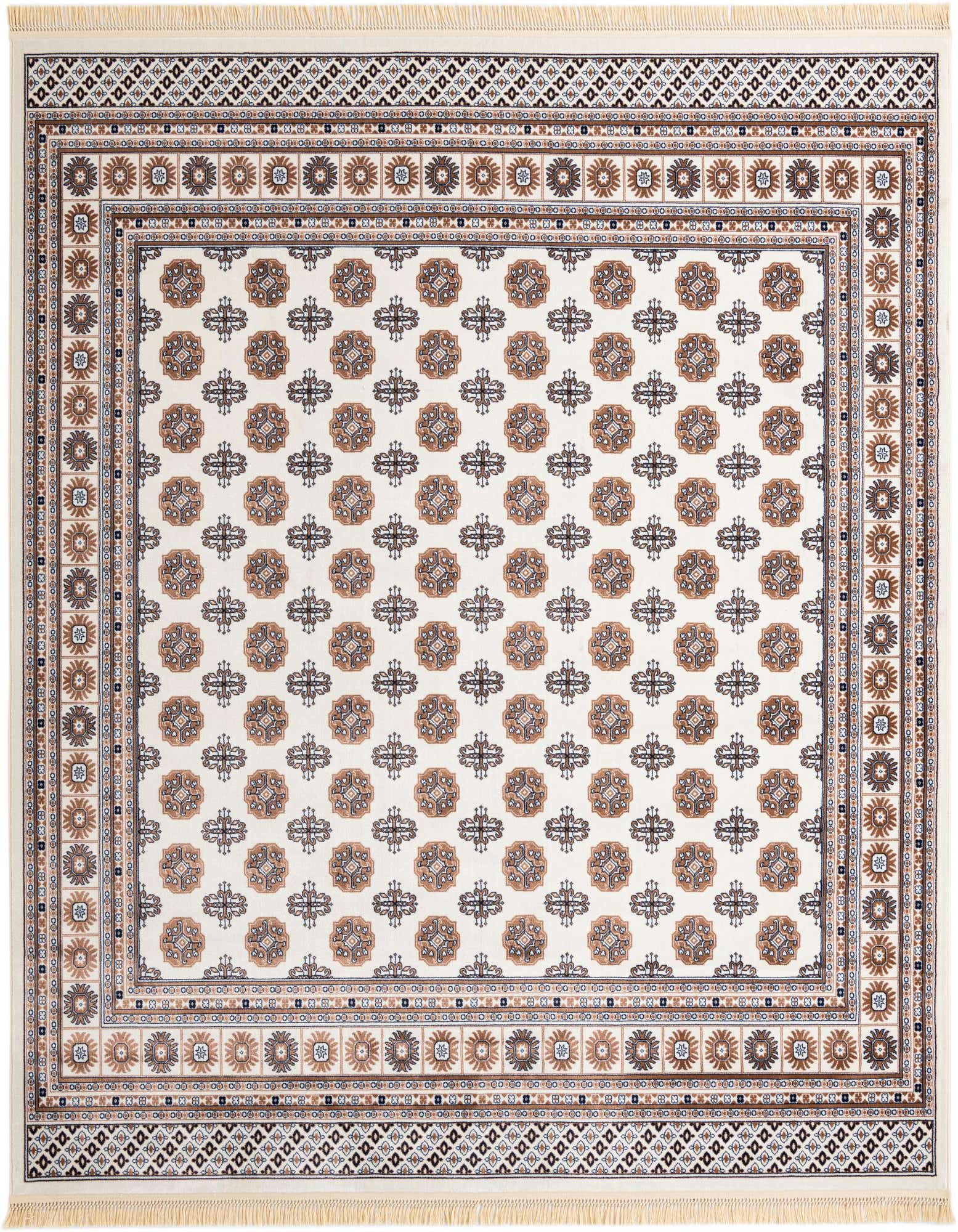 A 10'x10' square ivory rug with a traditional Bokhara pattern, featuring intricate brown and blue medallion motifs and a detailed border.