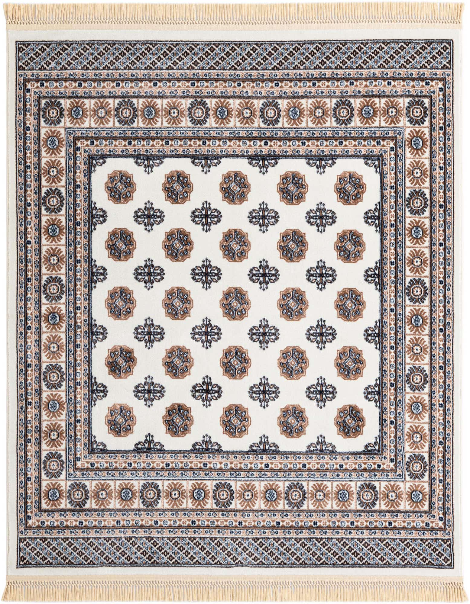 A square ivory Bokhara rug with intricate brown and blue traditional patterns, featuring a central medallion-like design and a detailed border.