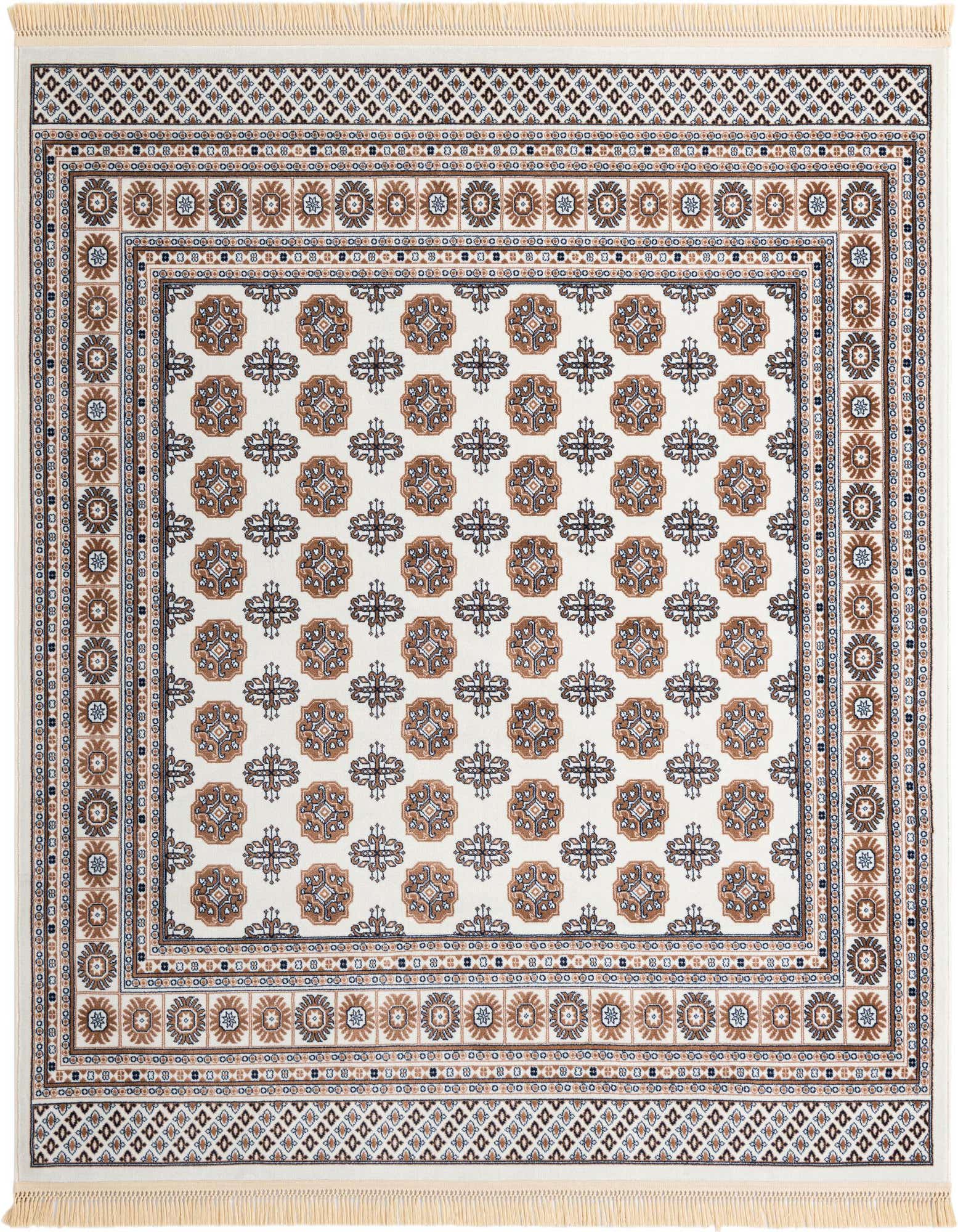 A square ivory and cream rug with a repeating pattern of brown and black floral medallions, bordered by intricate geometric designs and short fringe.