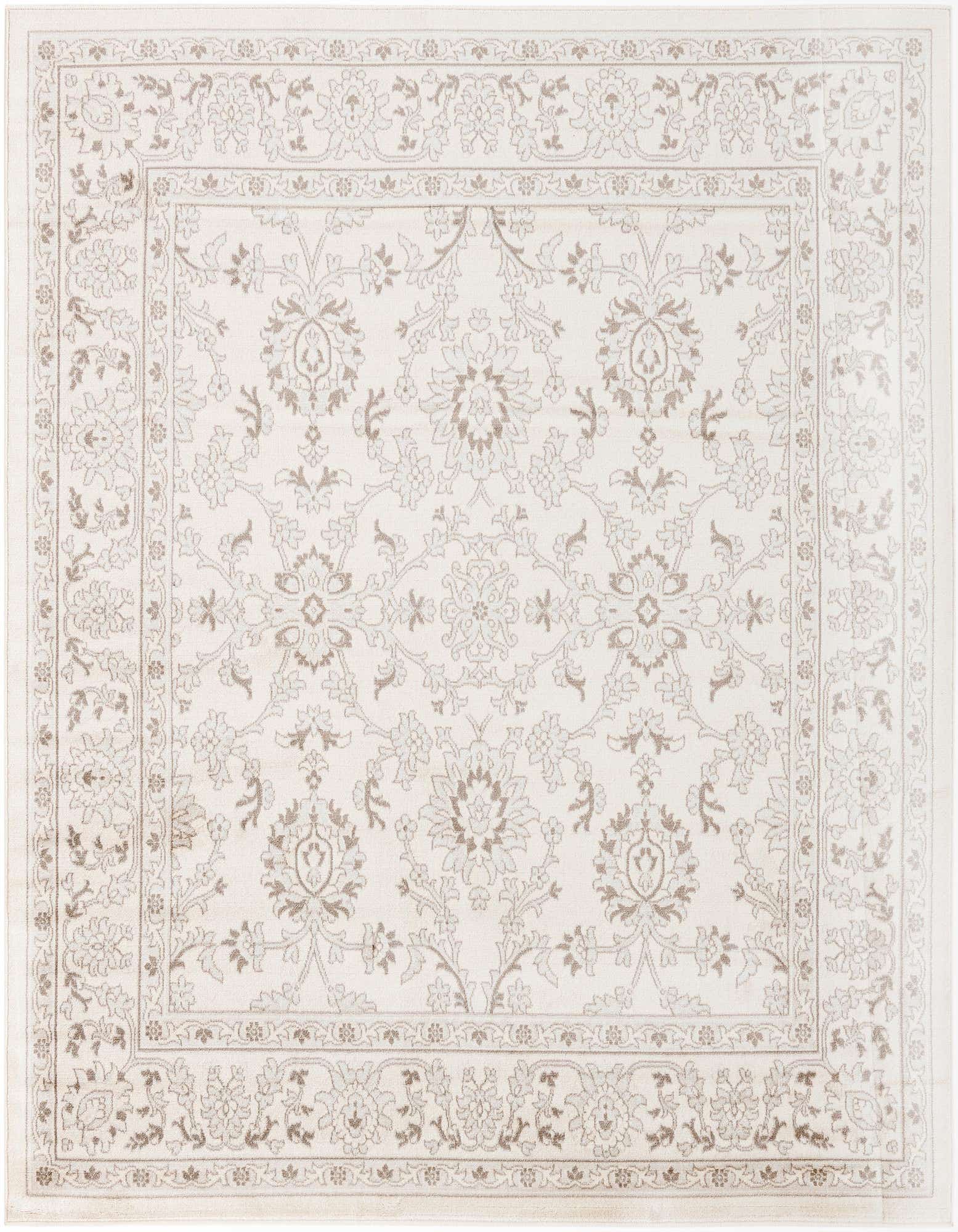 A 7' 10 x 7' 10 square ivory traditional rug with a detailed floral and oriental pattern in subtle cream and beige tones.
