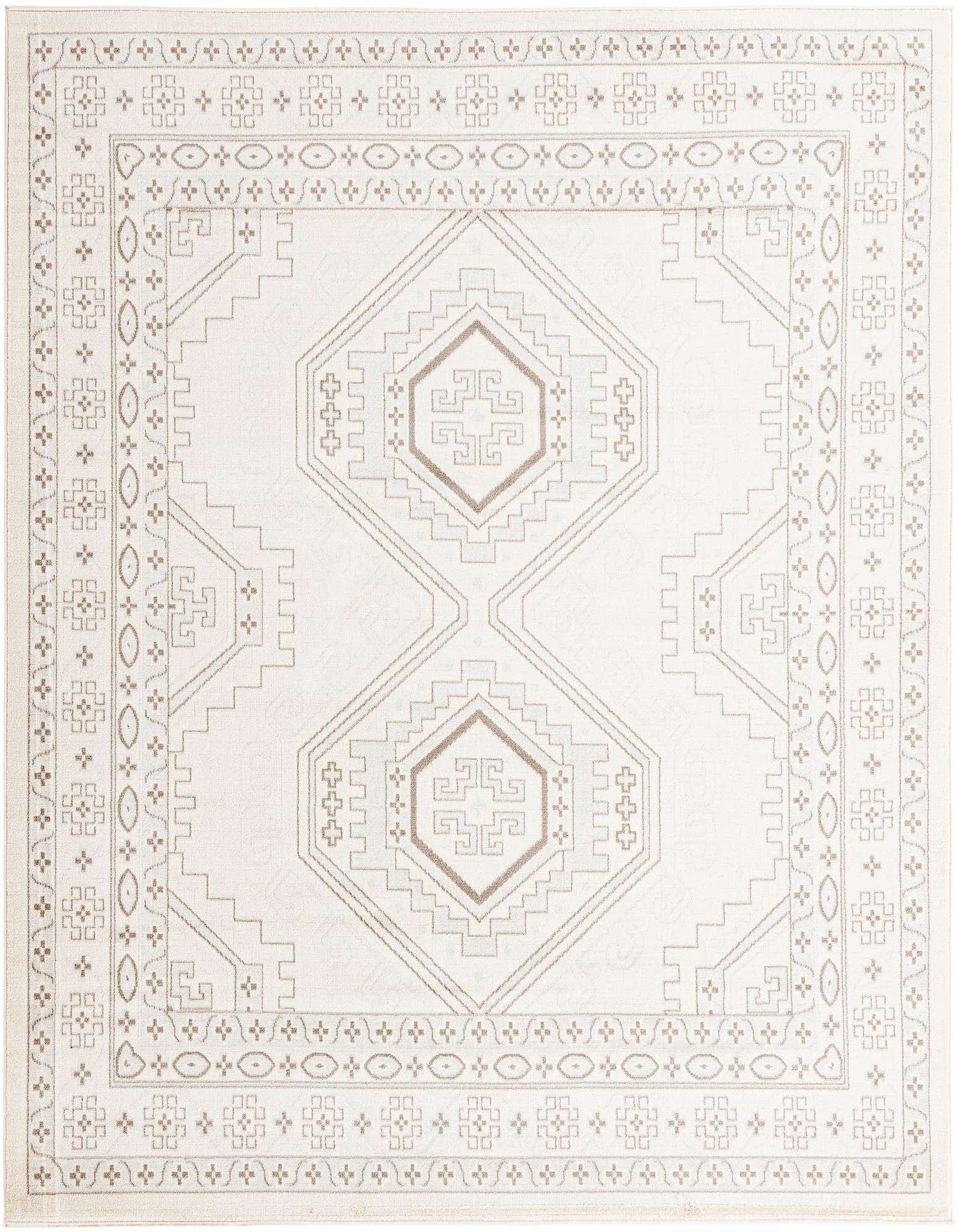A 7' 10 x 7' 10 square ivory and cream rug with a traditional tribal Southwestern pattern, featuring geometric shapes and a detailed border.