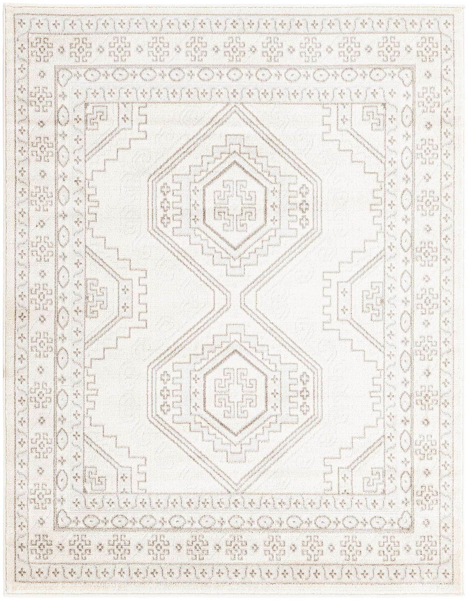 A 5' 3 x 5' 3 square ivory rug with a subtle tribal geometric pattern and a thin pile.