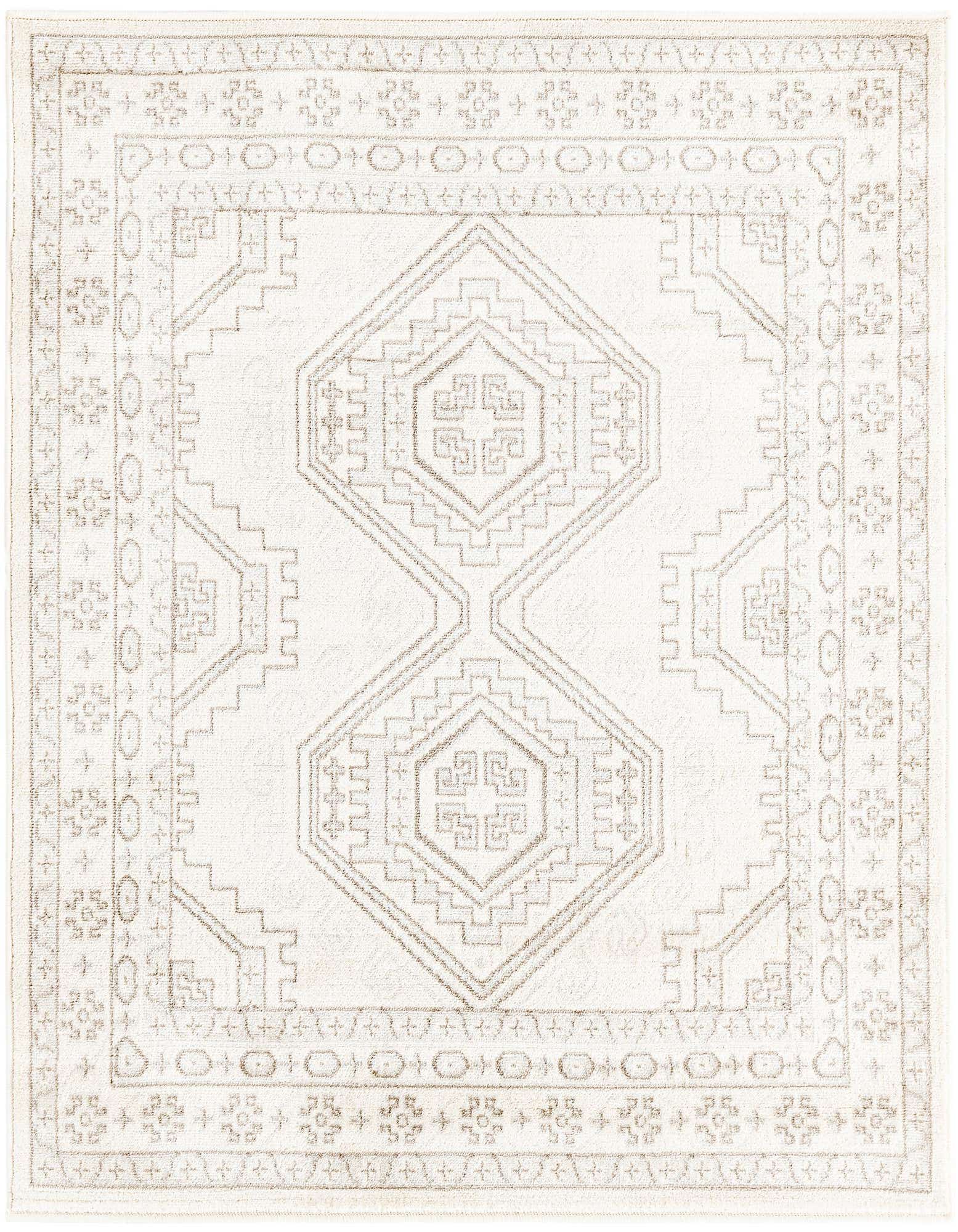 A 4'x4' square ivory rug with a subtle tribal geometric pattern and thin pile, ideal for indoor spaces.