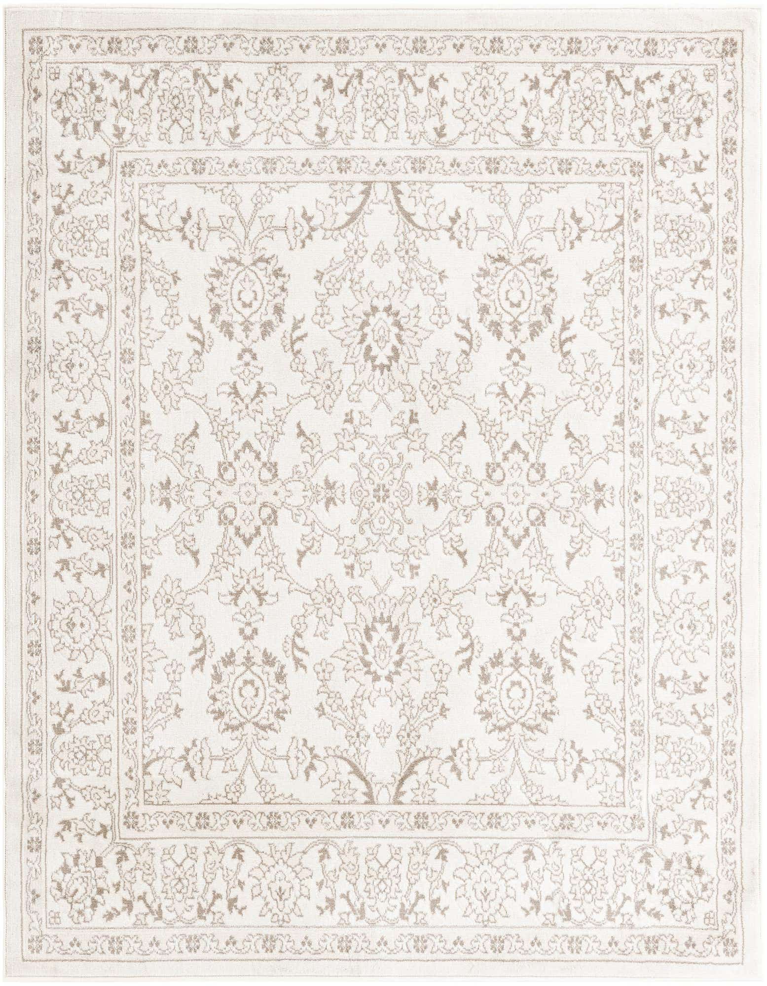A square ivory and cream traditional Oriental rug with a detailed floral pattern and border, suitable for an indoor living space.