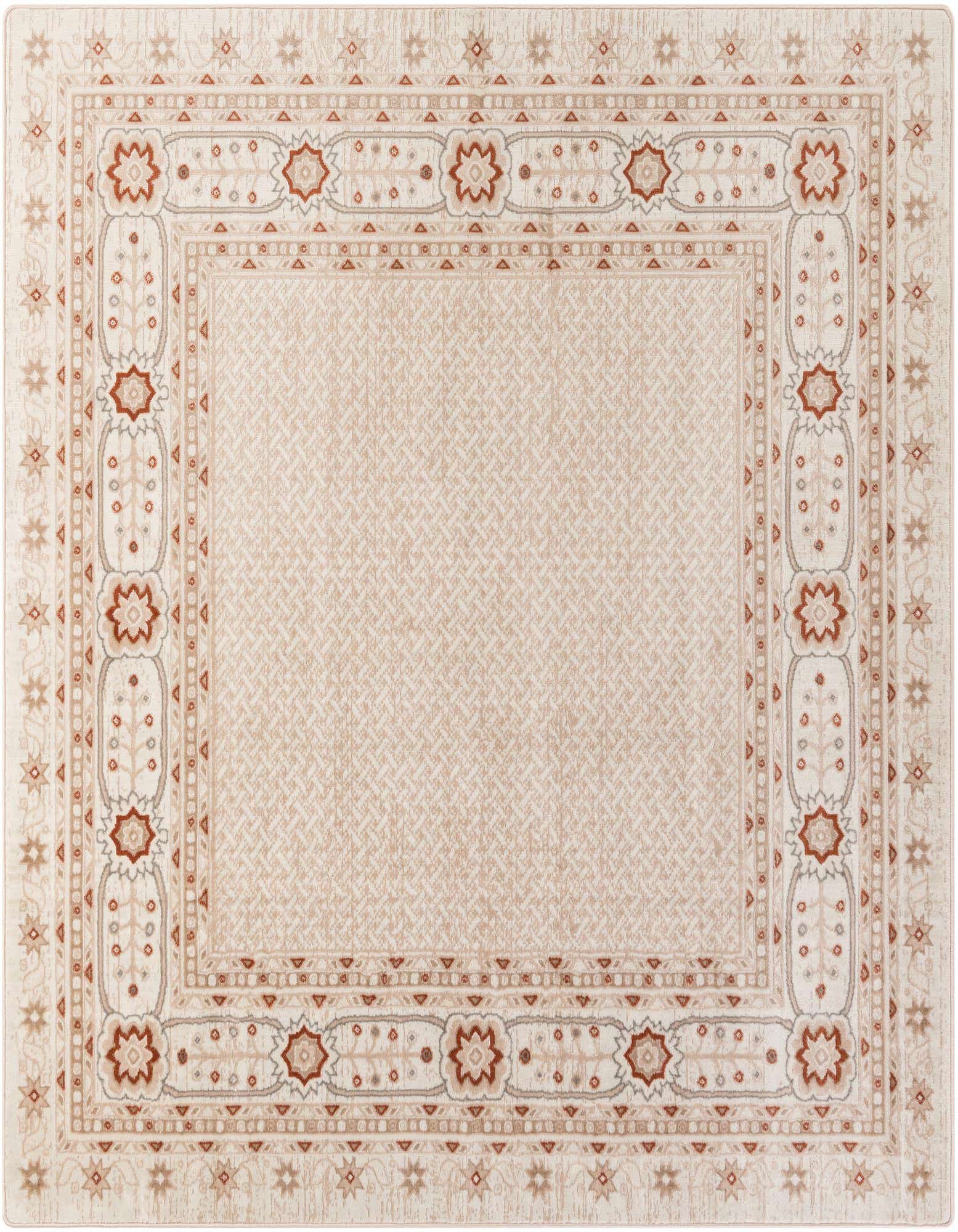 A square ivory and cream modern area rug with a detailed border featuring floral and geometric patterns in muted rust and gray tones.