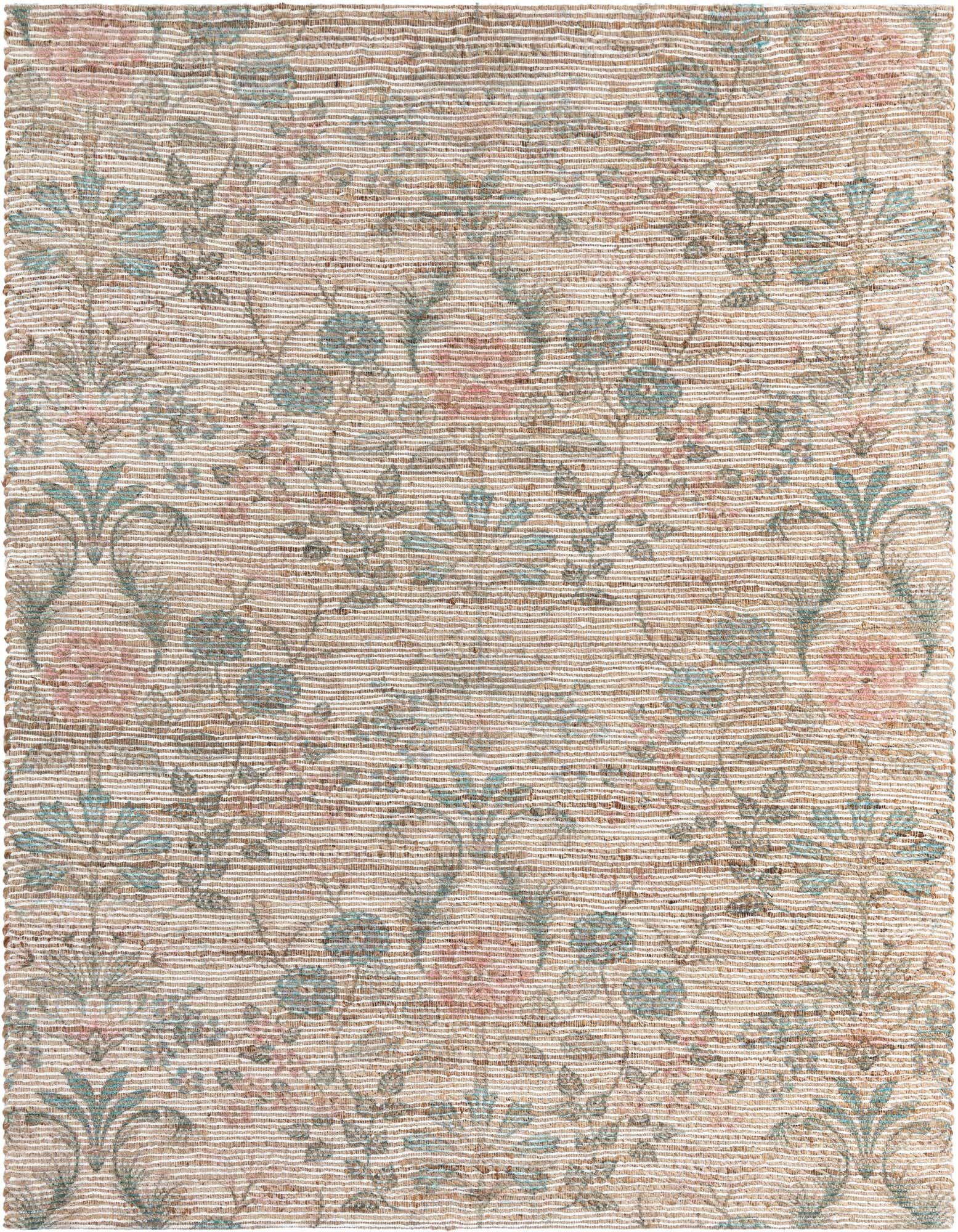 A square 7' 10 x 7' 10 Chenille & Jute area rug with a modern floral pattern in ivory, cream, pink, and teal.