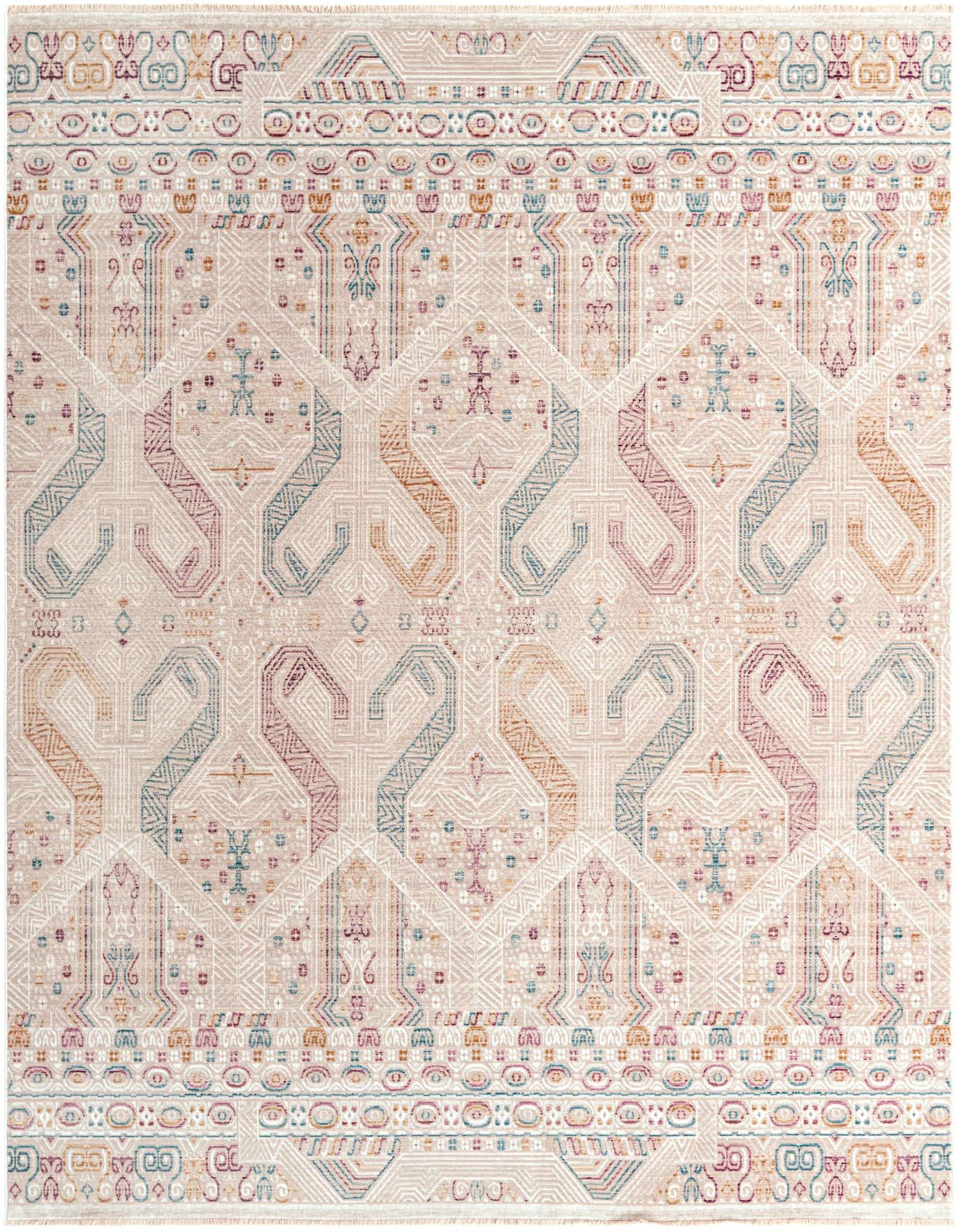 A square Deepa Collection rug in ivory with a colorful tribal pattern featuring geometric shapes in blue, pink, and orange.