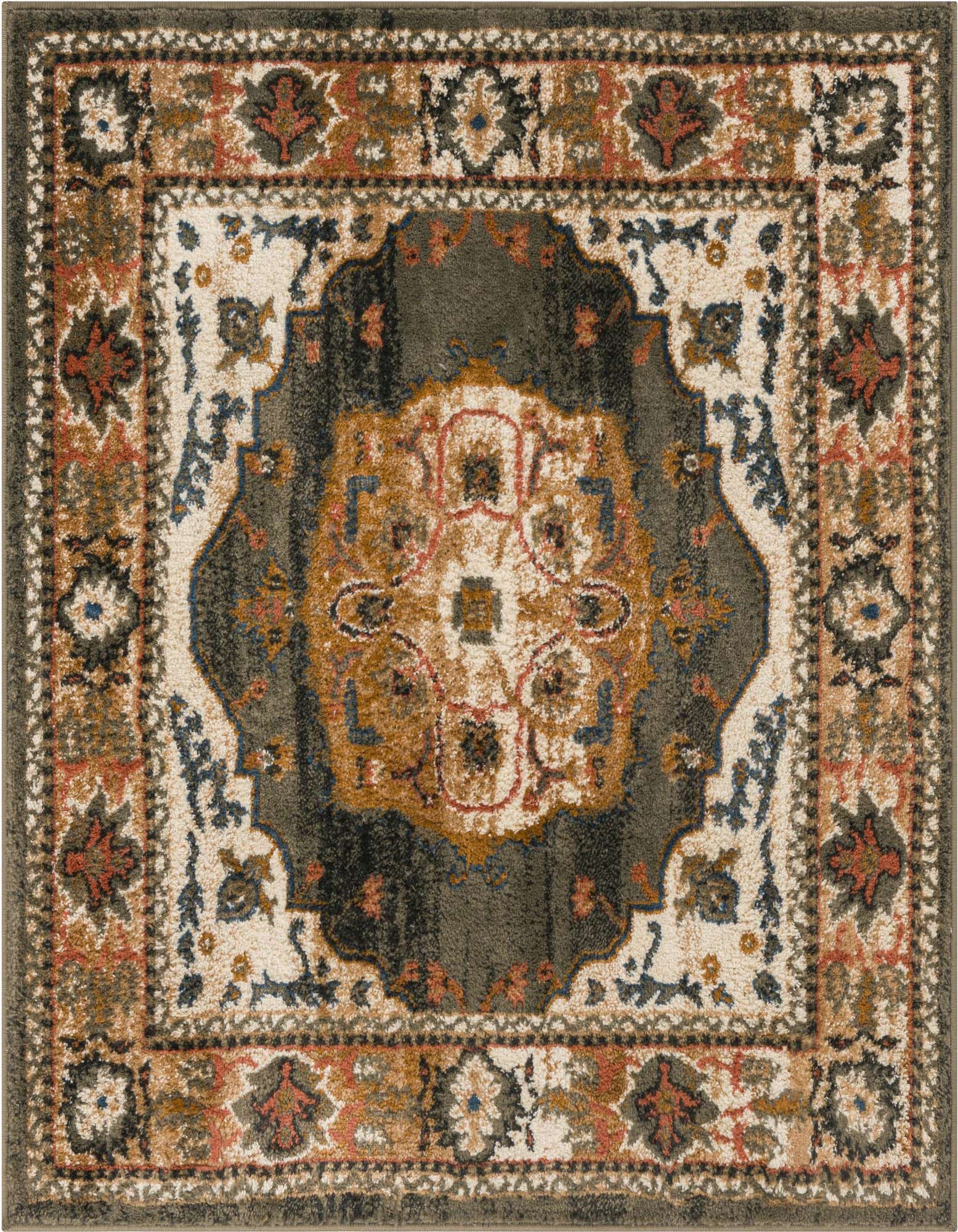 A square Rugs.com Eden rug featuring a central medallion and ornate Oriental pattern in ivory, cream, and white with accents of dark green, rust, and gold.