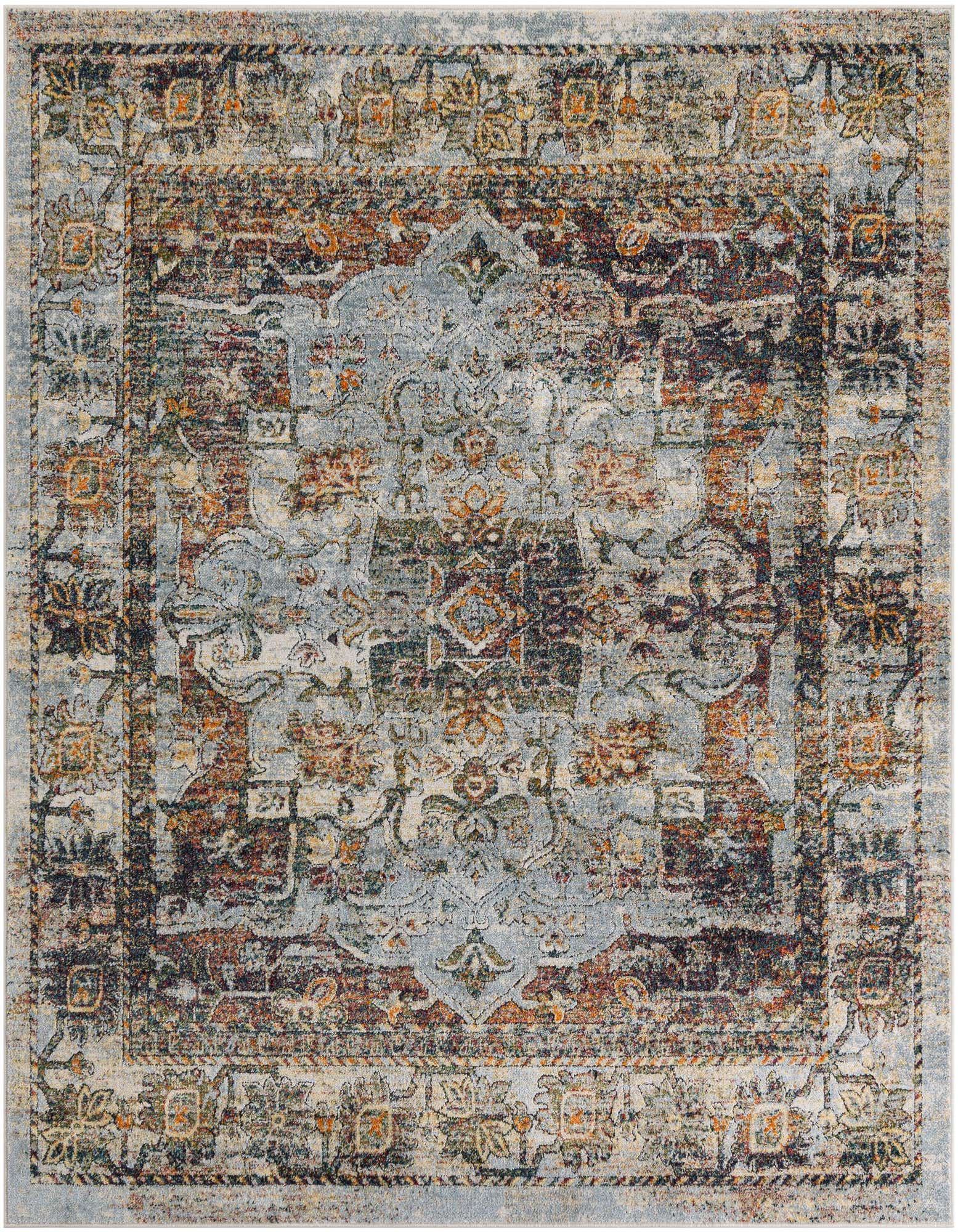 A 7'x7' square Isabella Collection rug featuring a distressed traditional medallion pattern in ivories, creams, and whites with hints of rust and blue.