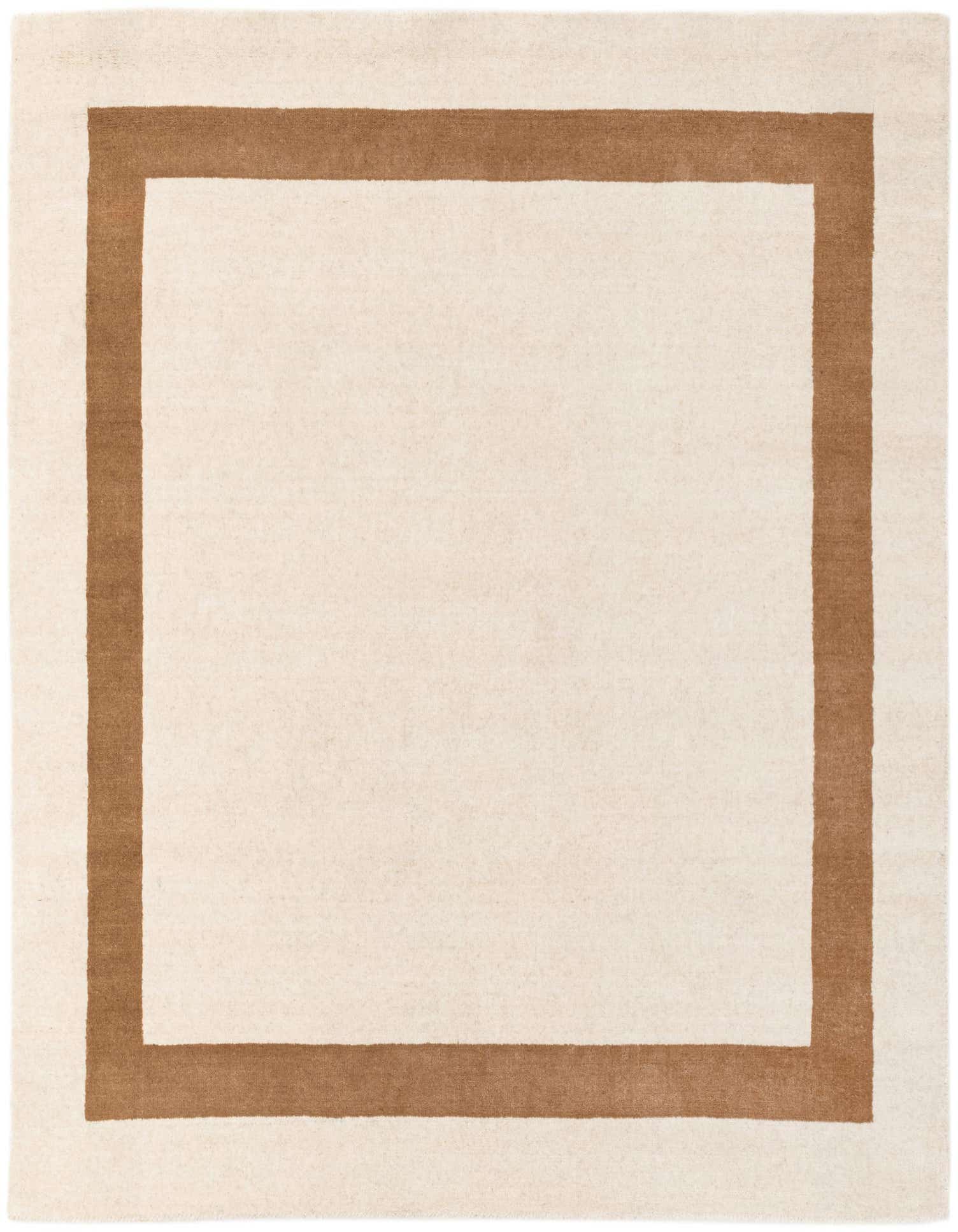 A 5' 1 x 5' 1 square ivory wool rug with a clean, modern brown border, suitable for various indoor spaces.