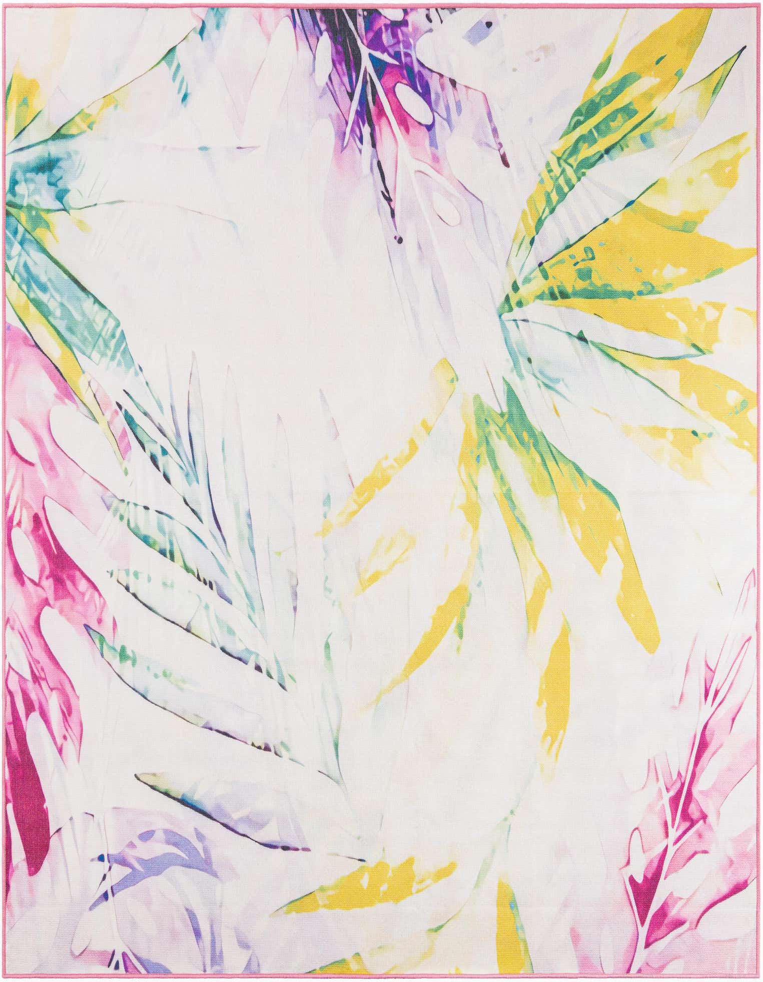A square ivory indoor/outdoor rug with a vibrant tropical leaf pattern in shades of yellow, pink, purple, and teal.