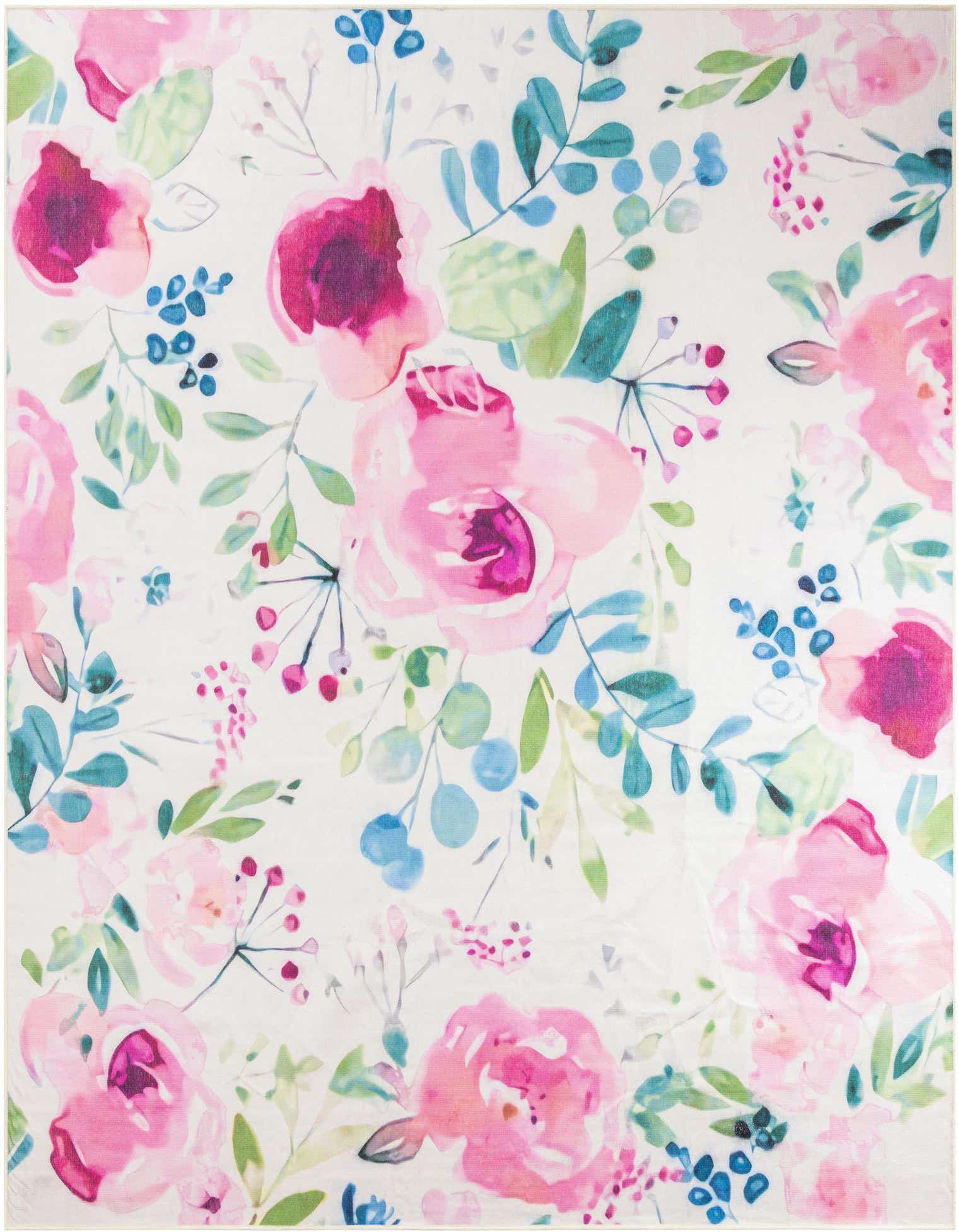 A 10' square Jill Zarin Caribbean Outdoor rug with a vibrant modern floral pattern in shades of pink, blue, and green on an ivory background.
