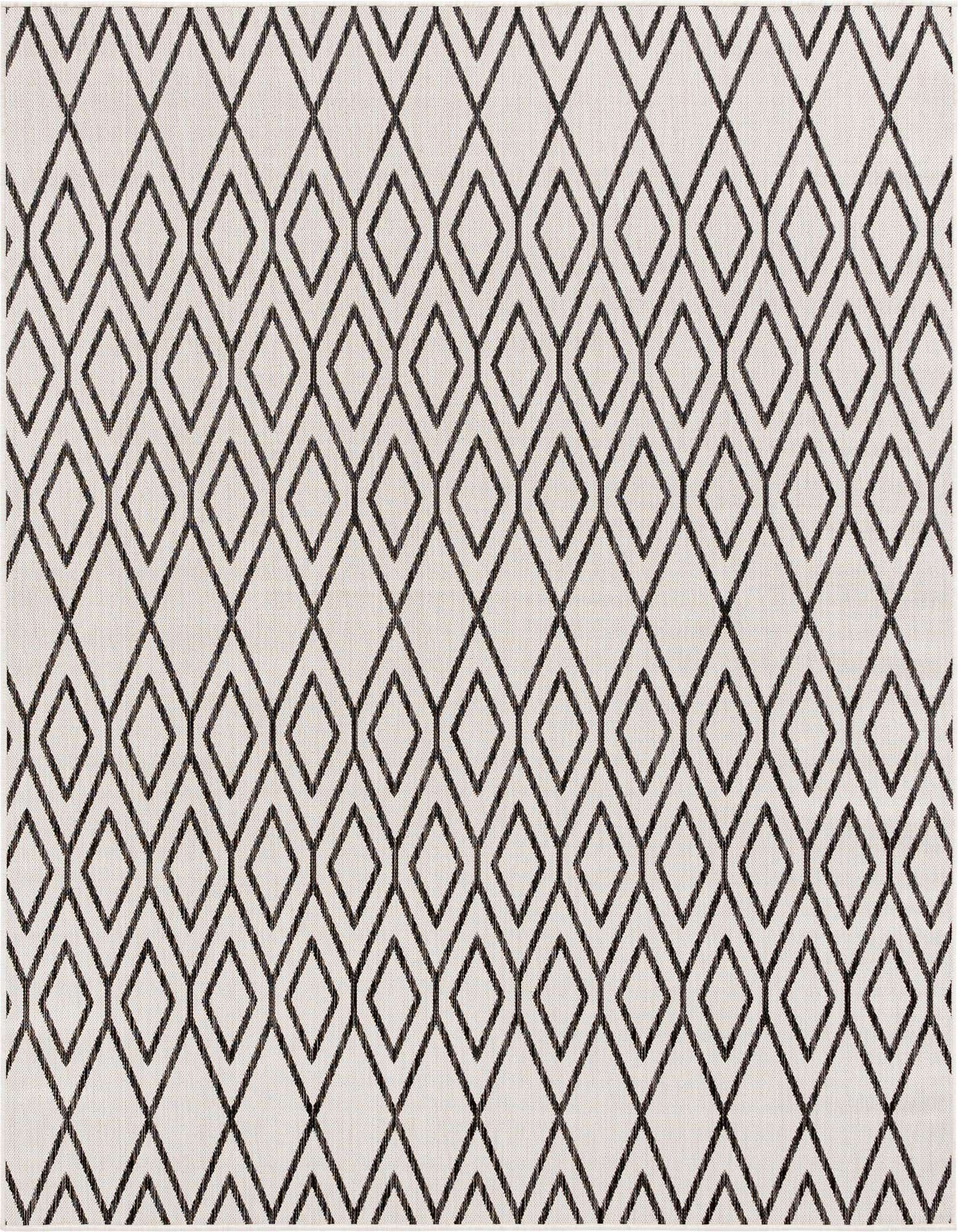 A 7' 10 x 7' 10 square ivory and black Bohemian trellis rug with a textured flatweave.