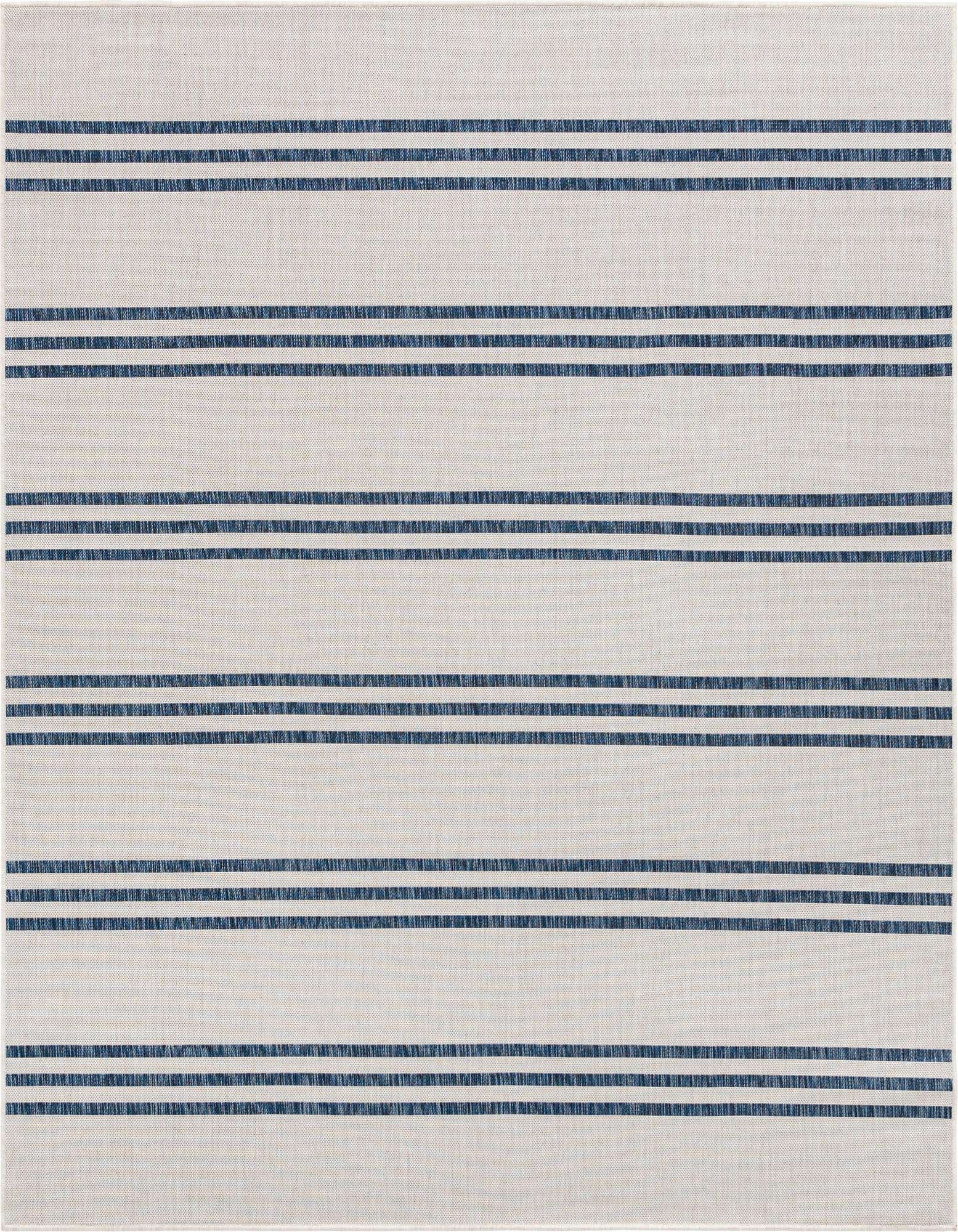 A 7'10" x 7'10" square ivory and cream rug with thin navy blue horizontal stripes, suitable for indoor or outdoor use.