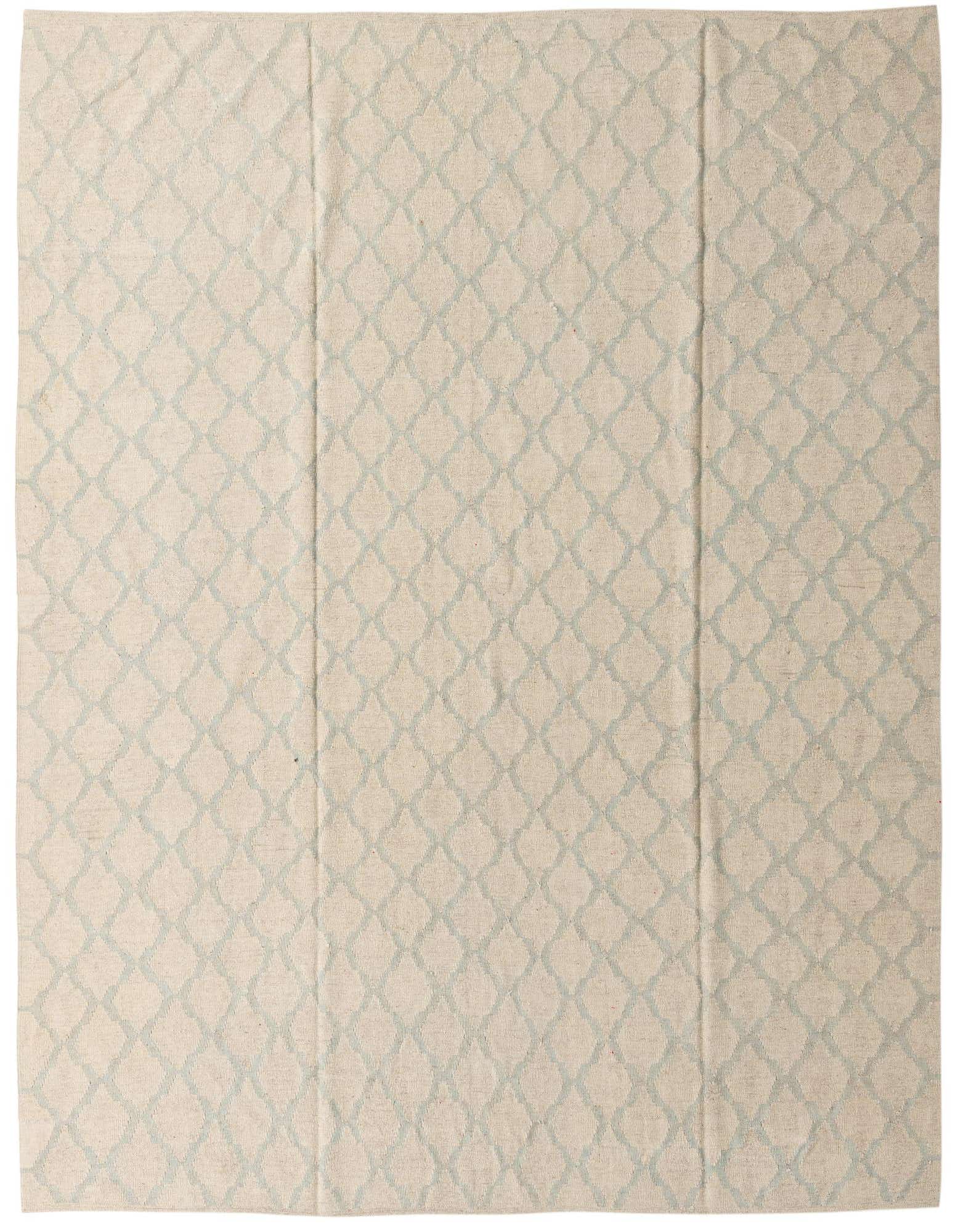 A large 8' 10 x 9' 5 square ivory wool flatweave rug with a subtle light blue tribal geometric pattern.