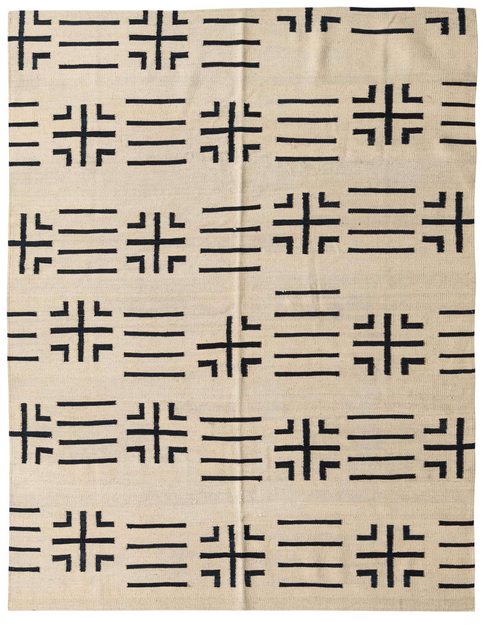 A 5' 3 x 6' 6 square ivory flatweave wool rug with a repeating modern tribal pattern in black.