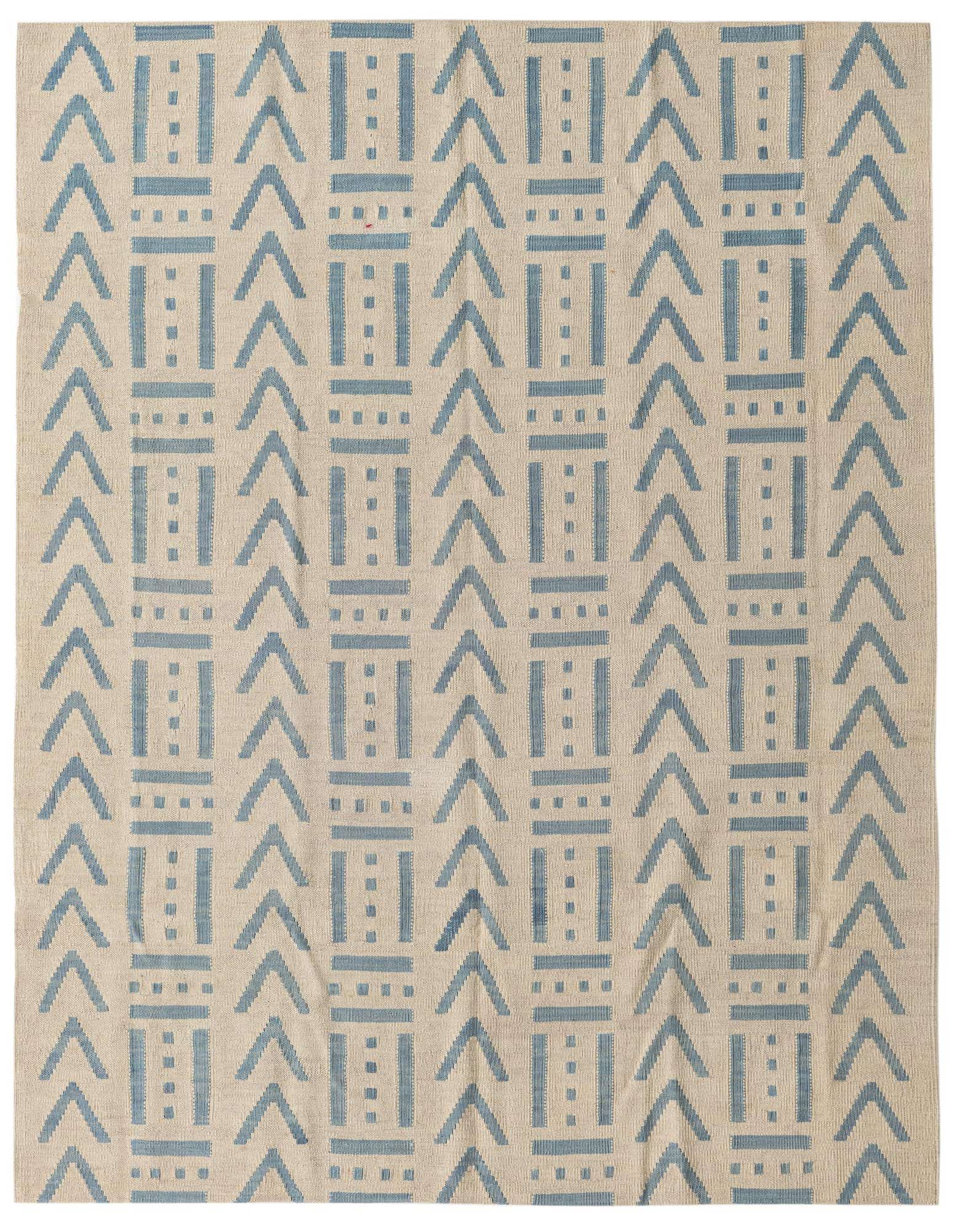A 5' 3 x 6' 4 square ivory flatweave rug with a repeating modern tribal pattern in light blue, suitable for an indoor living space.