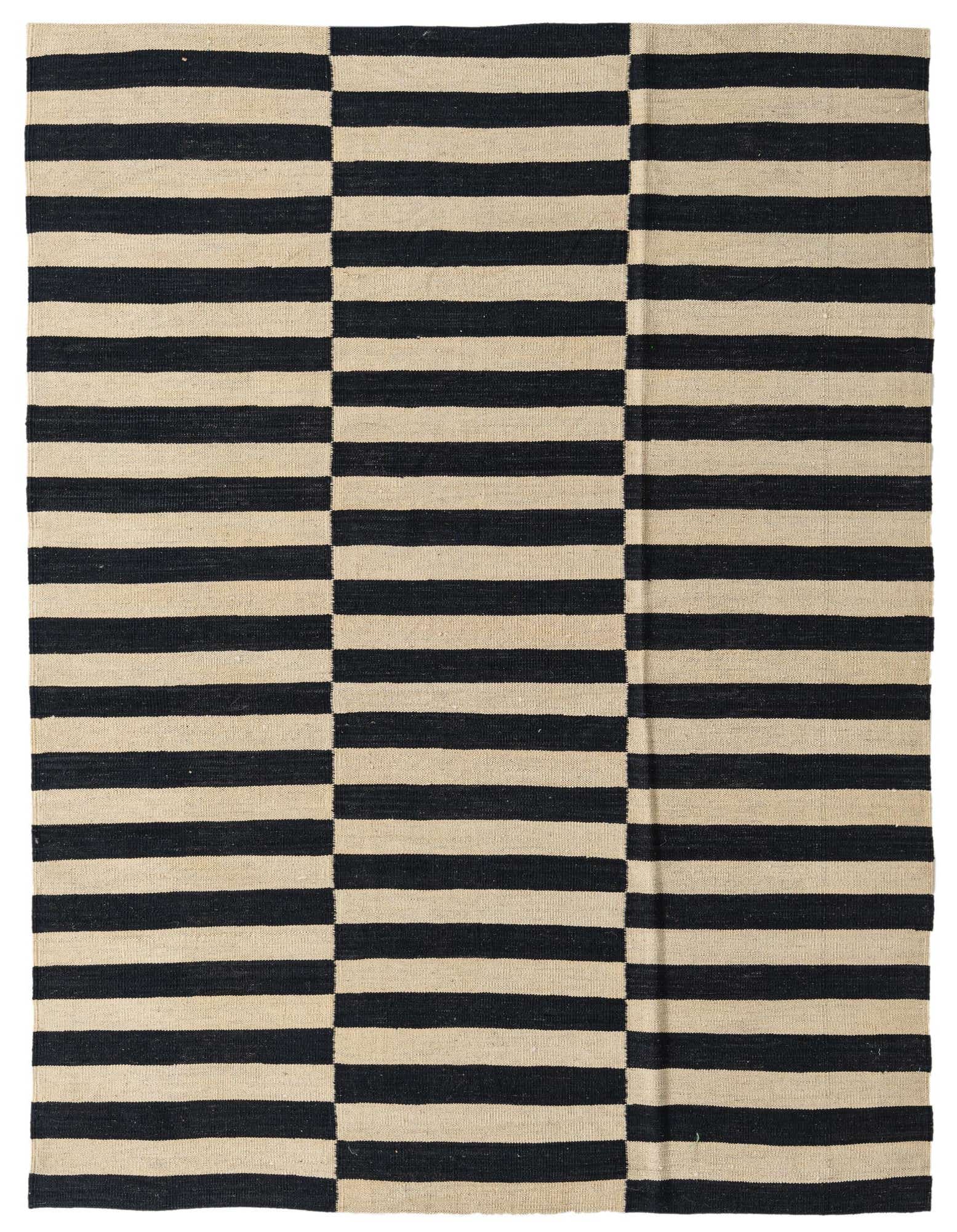 A 5' 5 x 6' 9 square Kilim Modern wool rug featuring bold horizontal black and ivory stripes in a tribal, modern pattern.