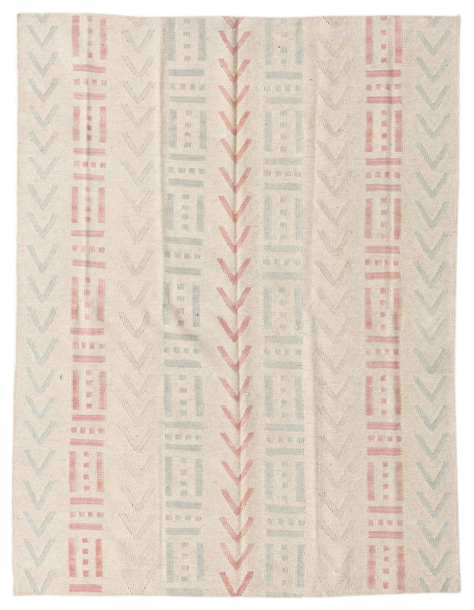 A 5' 2 x 5' 11 square ivory wool flatweave rug with a modern tribal pattern in soft pink and light blue.
