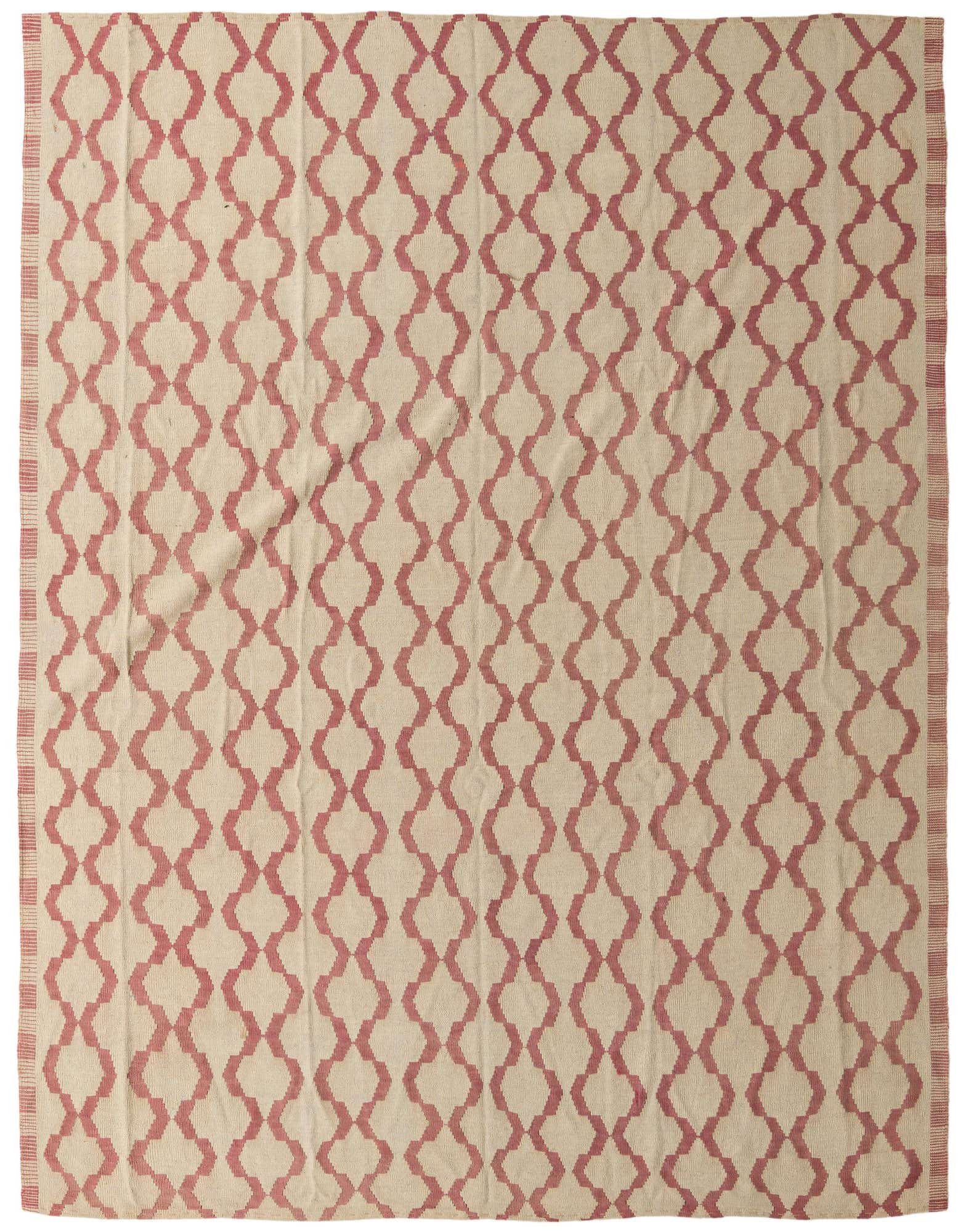 A square 8' 8 x 9' 3 Kilim Modern wool rug featuring an ivory background with a repeating tribal pattern in various shades of red and pink.