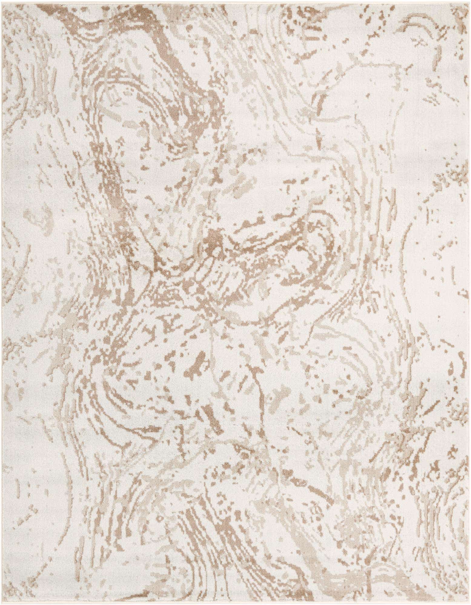 A square ivory and cream area rug with a modern abstract pattern featuring swirling beige and tan lines.