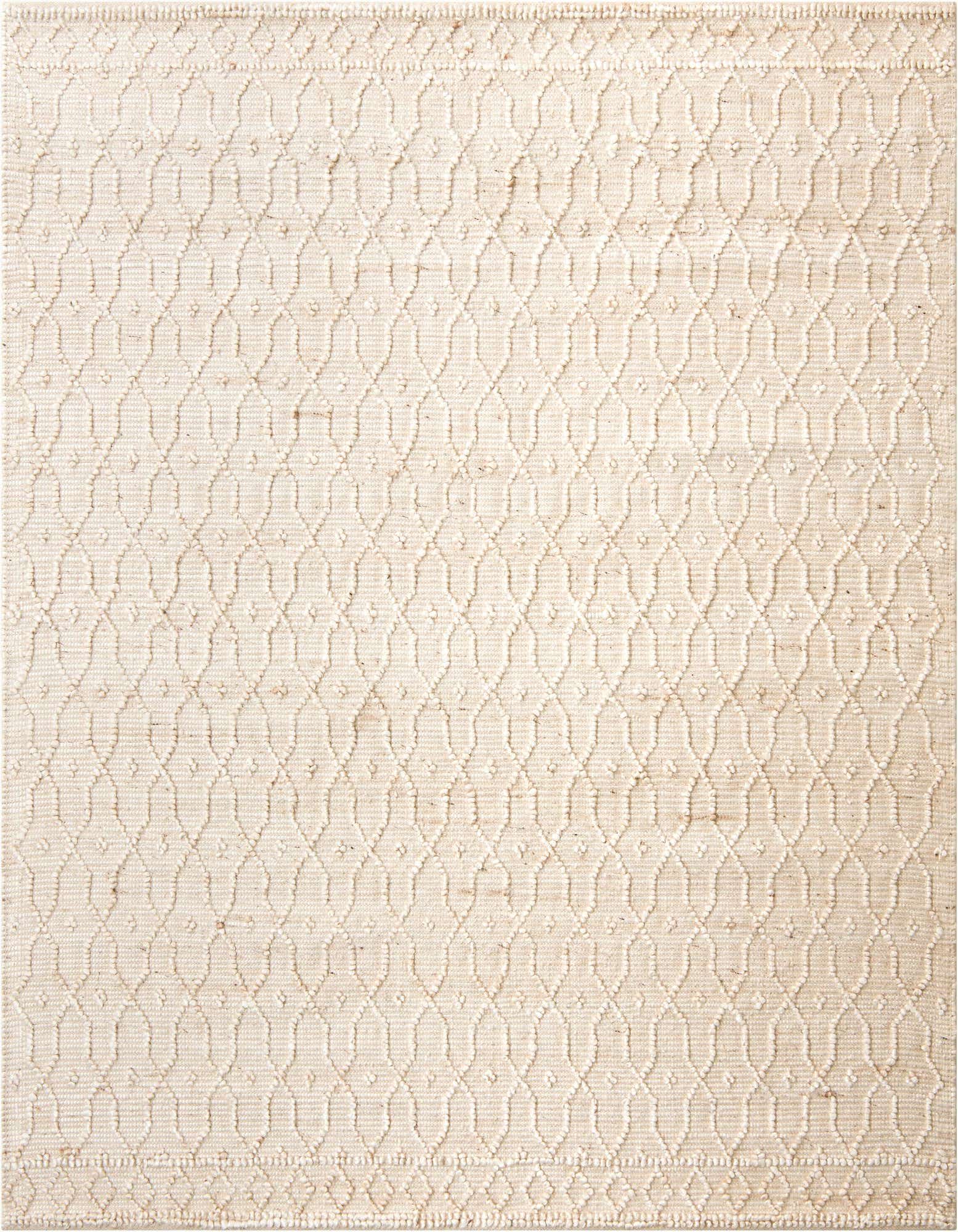 A square 7'10" x 7'10" ivory jute and cotton rug with a modern trellis pattern and textured pile, suitable for indoor spaces.