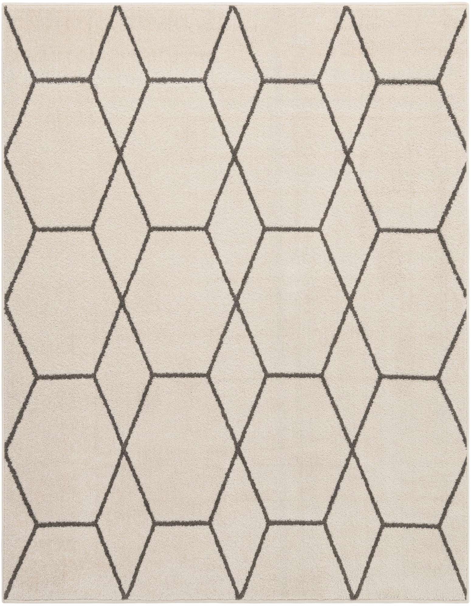 A 6' 0 x 6' 0 square ivory area rug with a modern charcoal gray geometric trellis pattern, suitable for contemporary indoor spaces.