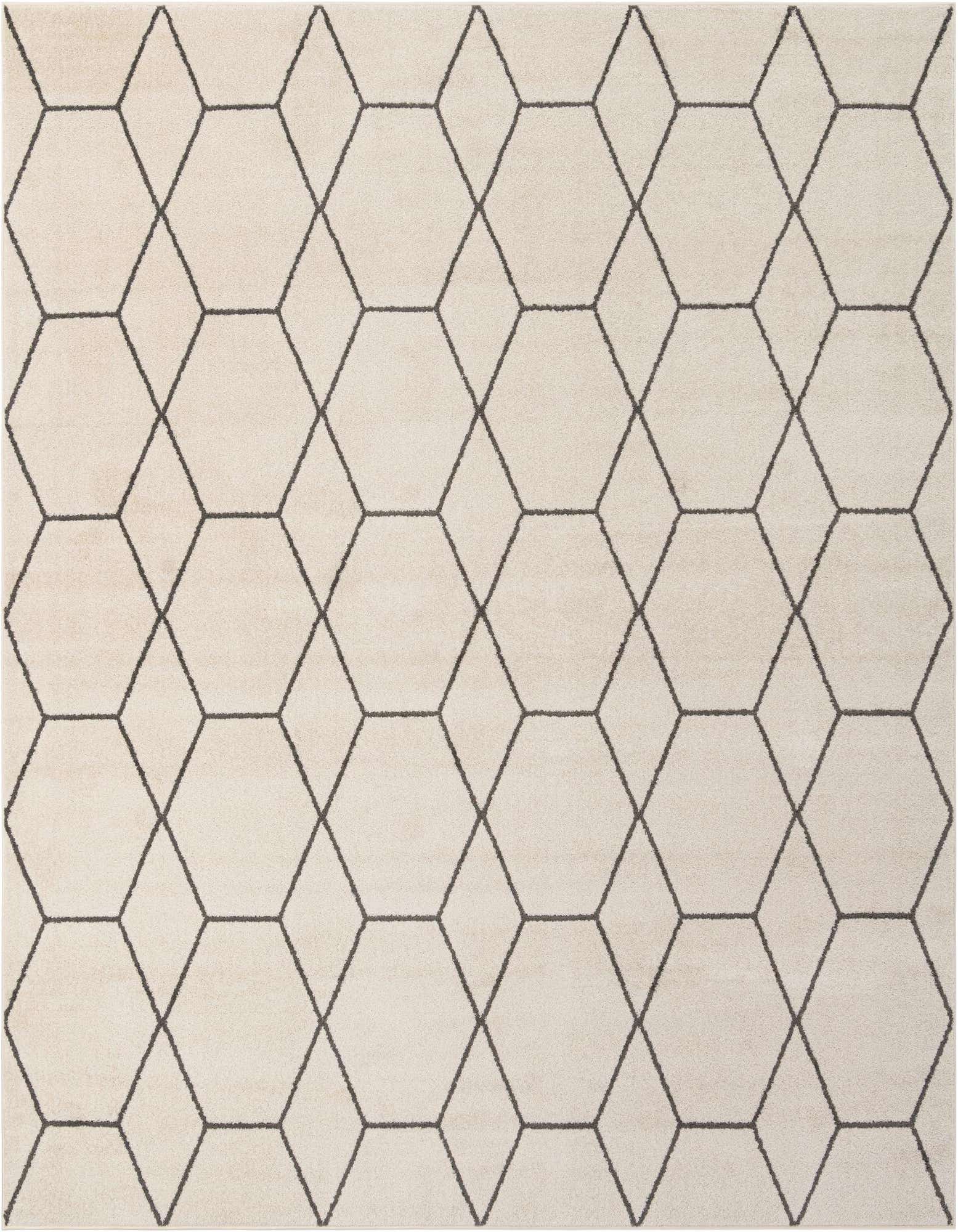 A square ivory area rug with a modern charcoal gray trellis pattern, featuring interlocking hexagons.