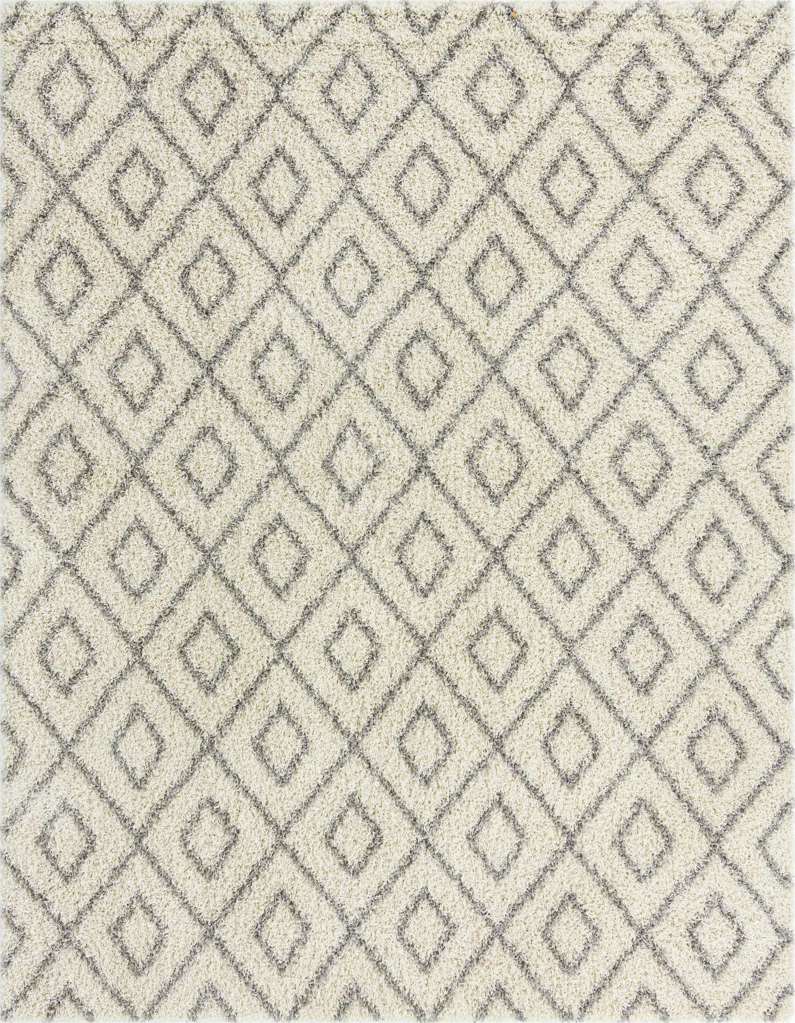 A 10'x10' square ivory shag rug with a modern abstract lattice pattern in subtle gray tones, featuring a textured high-low pile.
