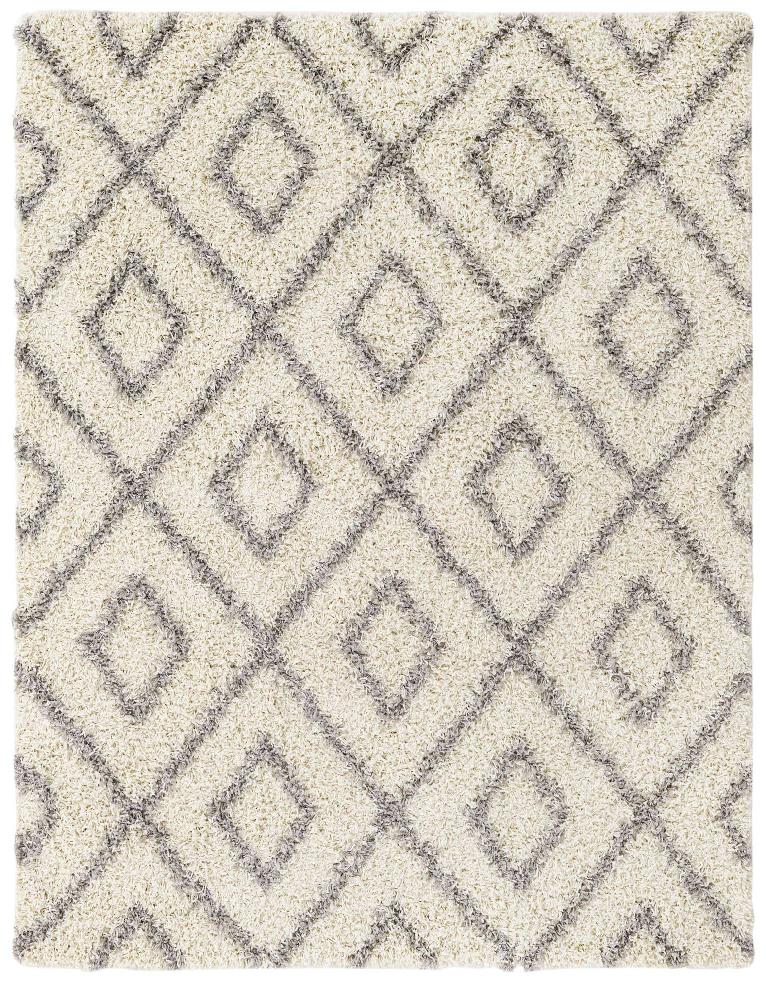A 5' 3 x 5' 3 square ivory shag rug with a modern gray trellis pattern, featuring a textured high/low pile.