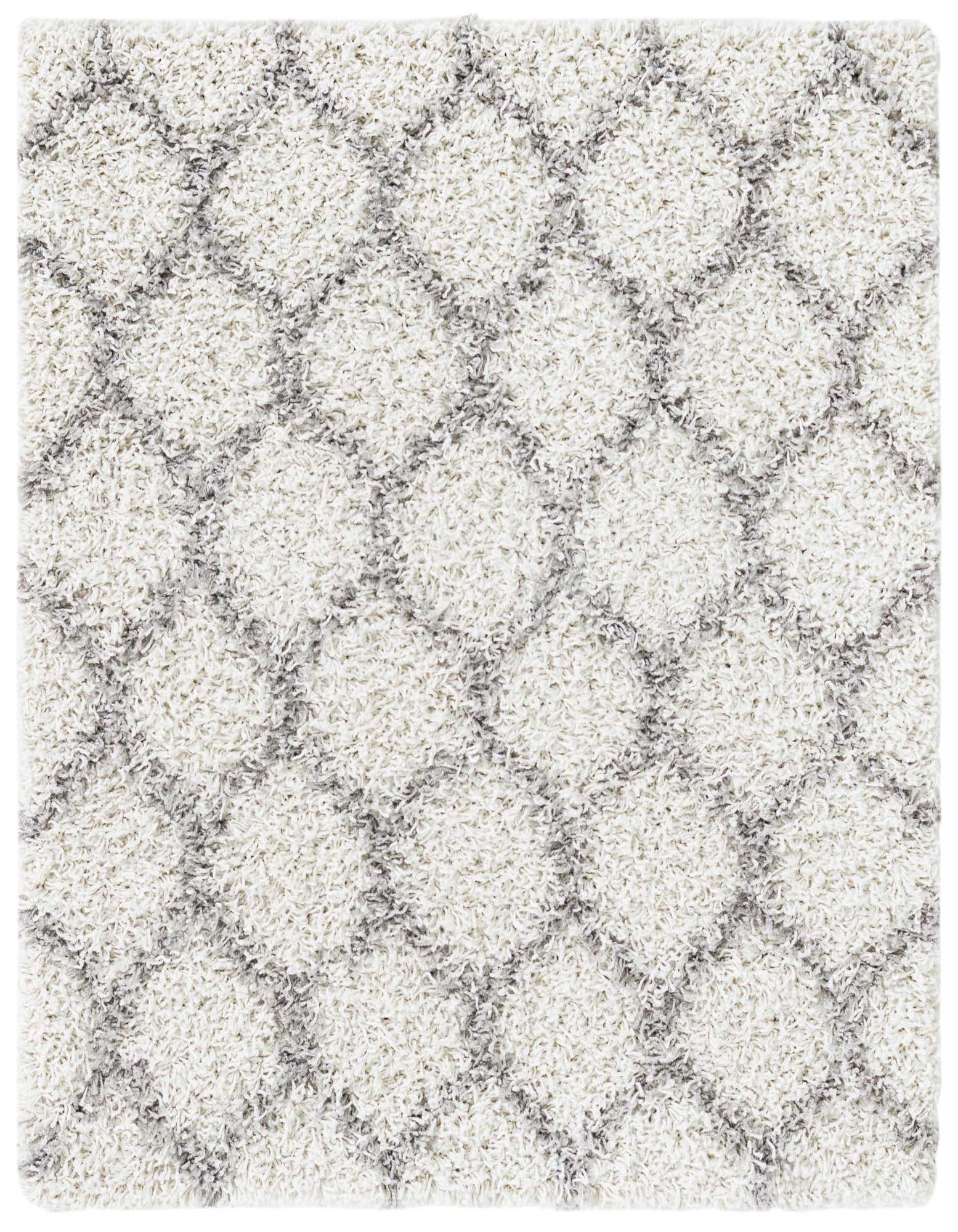 A square ivory shag rug with a modern abstract lattice pattern in subtle gray tones, featuring a high/low textured pile.