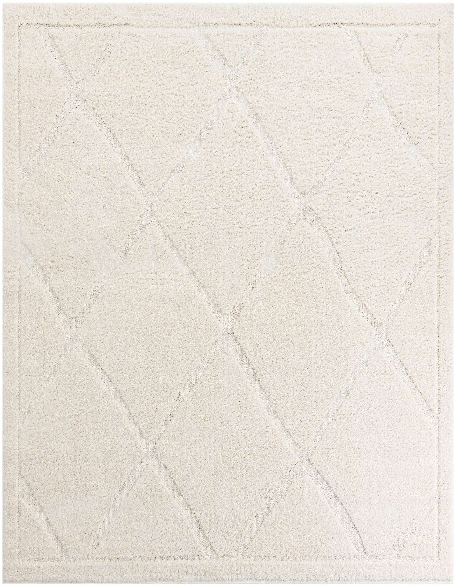A square 7' 10 x 7' 10 ivory shag rug with a subtle raised lattice pattern, perfect for an indoor living space.