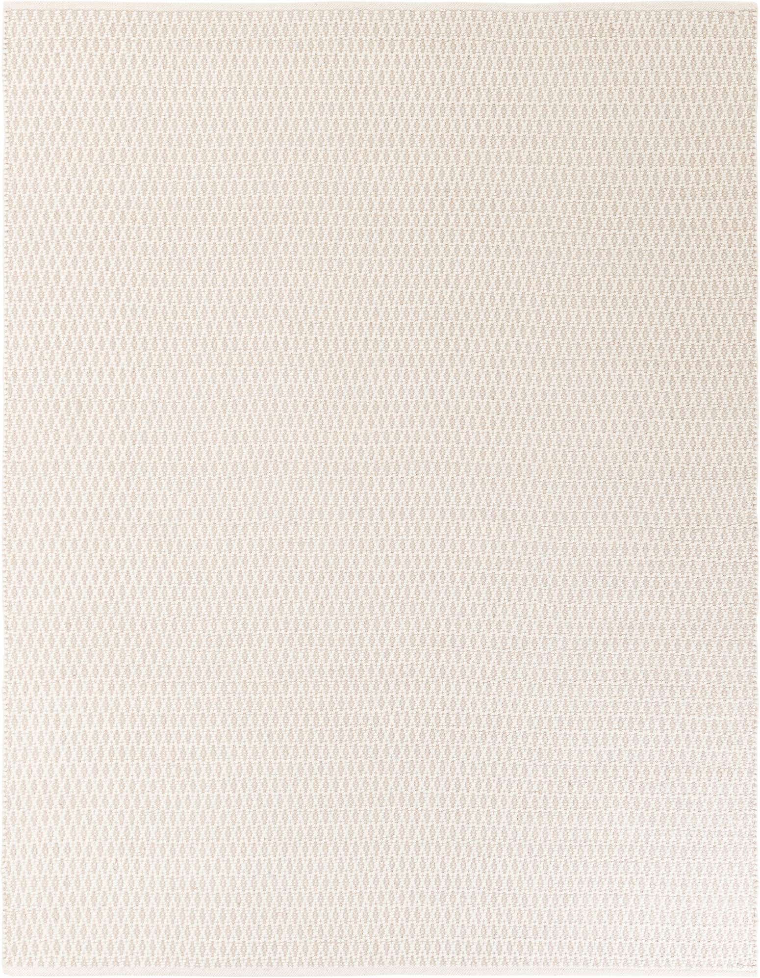 A close-up view of a square ivory and cream modern area rug with a subtle lattice pattern and textured pile.