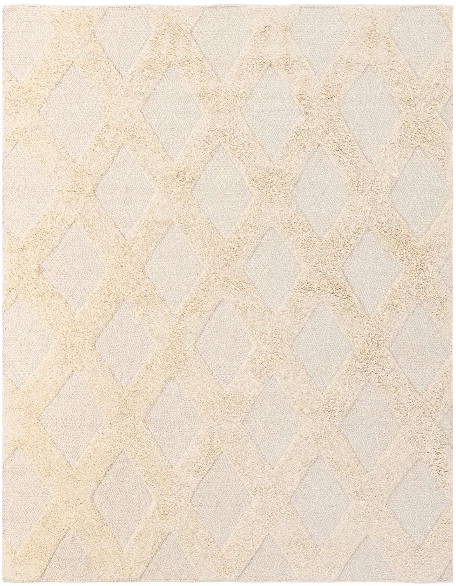 A square 8'x8' ivory and cream modern wool rug featuring a raised lattice pattern, perfect for an indoor living space.