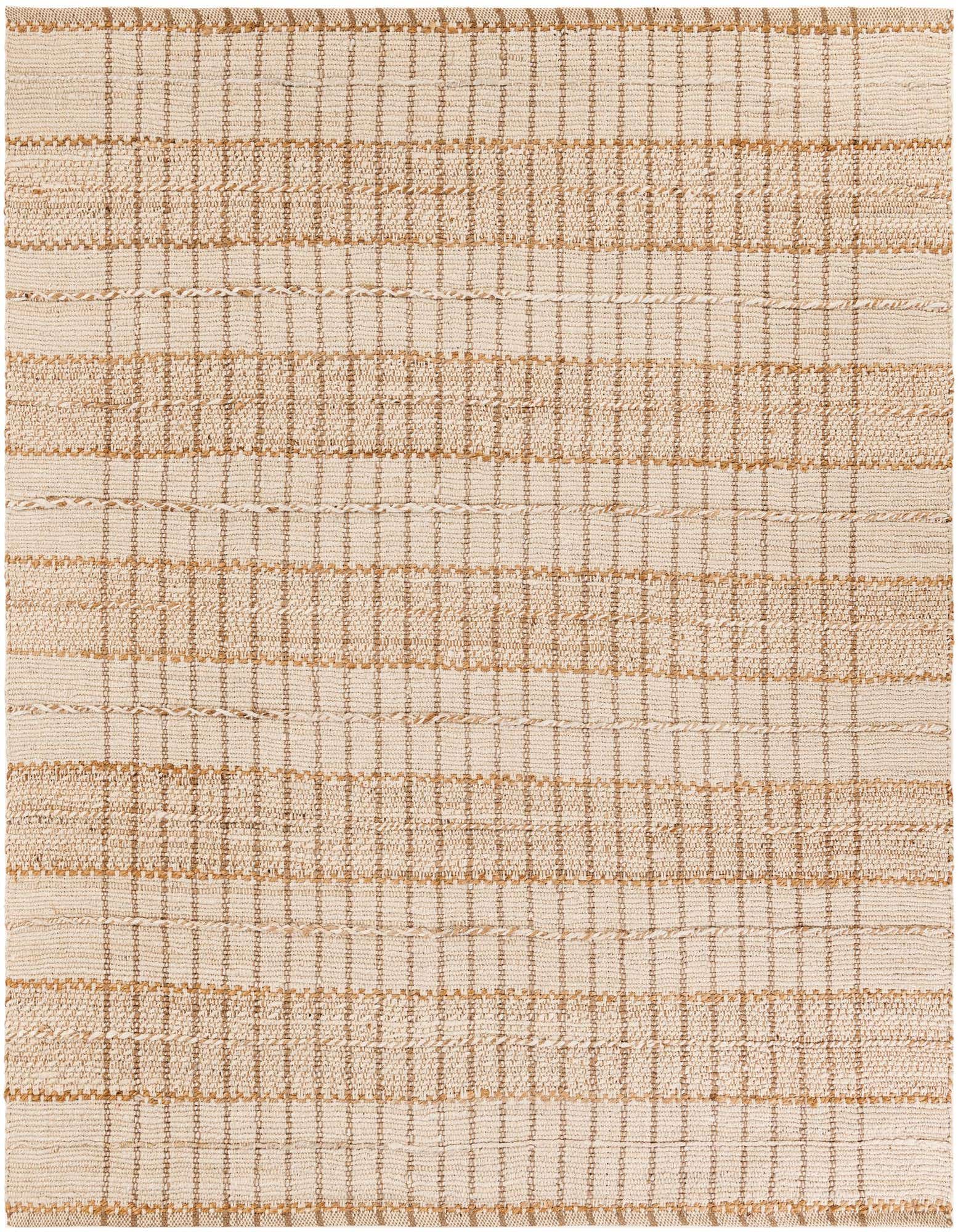 A square 7' 10 x 7' 10 ivory and cream jute and cotton rug with a textured striped pattern.
