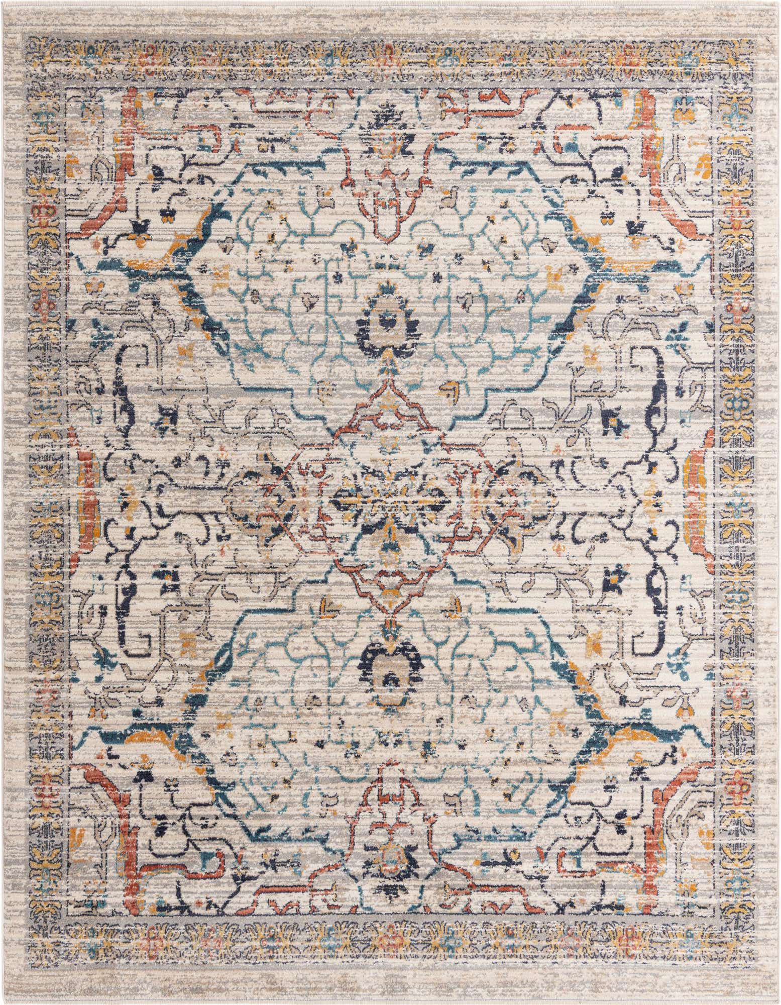 A 7' 10 x 7' 10 square ivory polypropylene rug with a distressed traditional tribal pattern in blue, orange, and yellow hues.