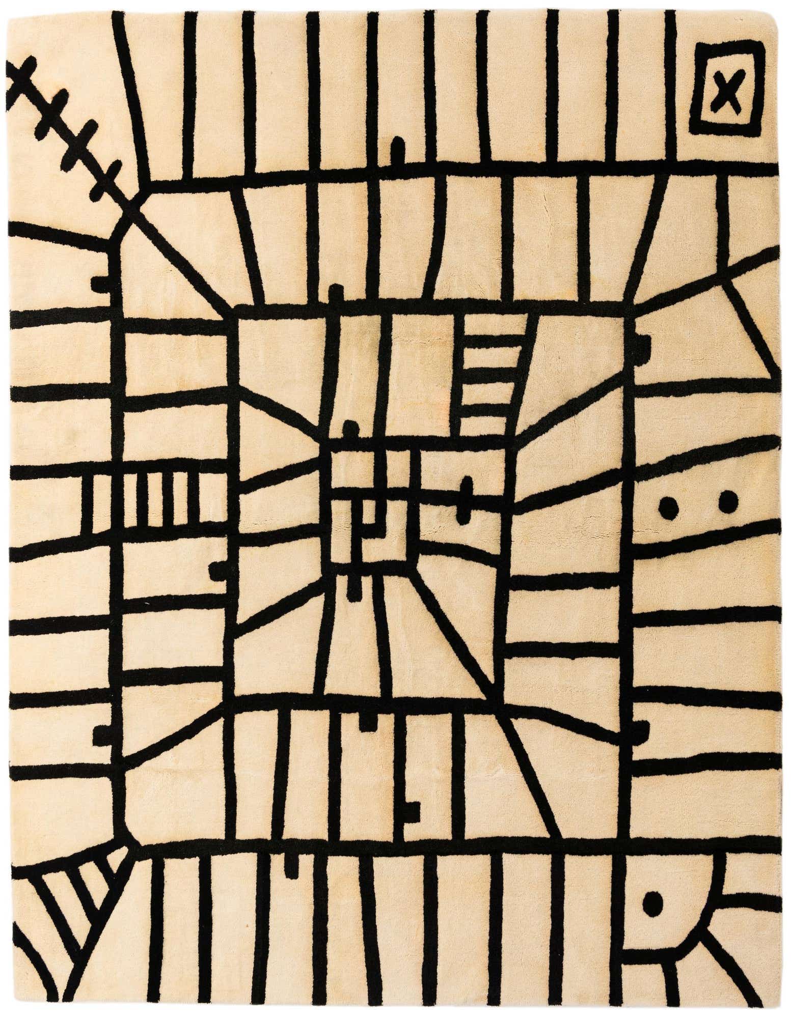 A square 8' 2 x 8' 3 ivory wool rug with a bold black abstract geometric and medallion-like pattern.