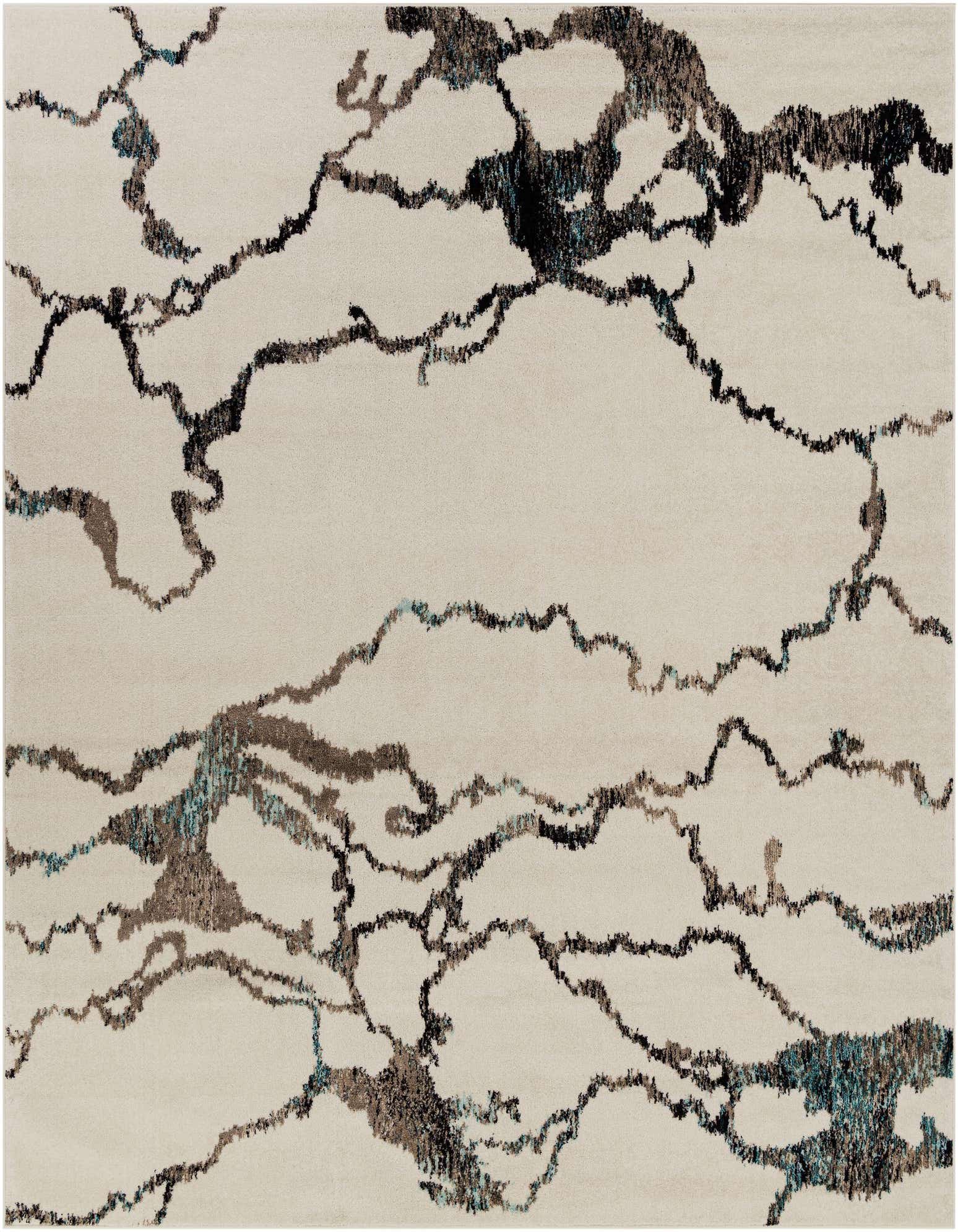 A 10' square ivory modern area rug with an abstract pattern of dark brown, black, and teal lines resembling cracked earth.