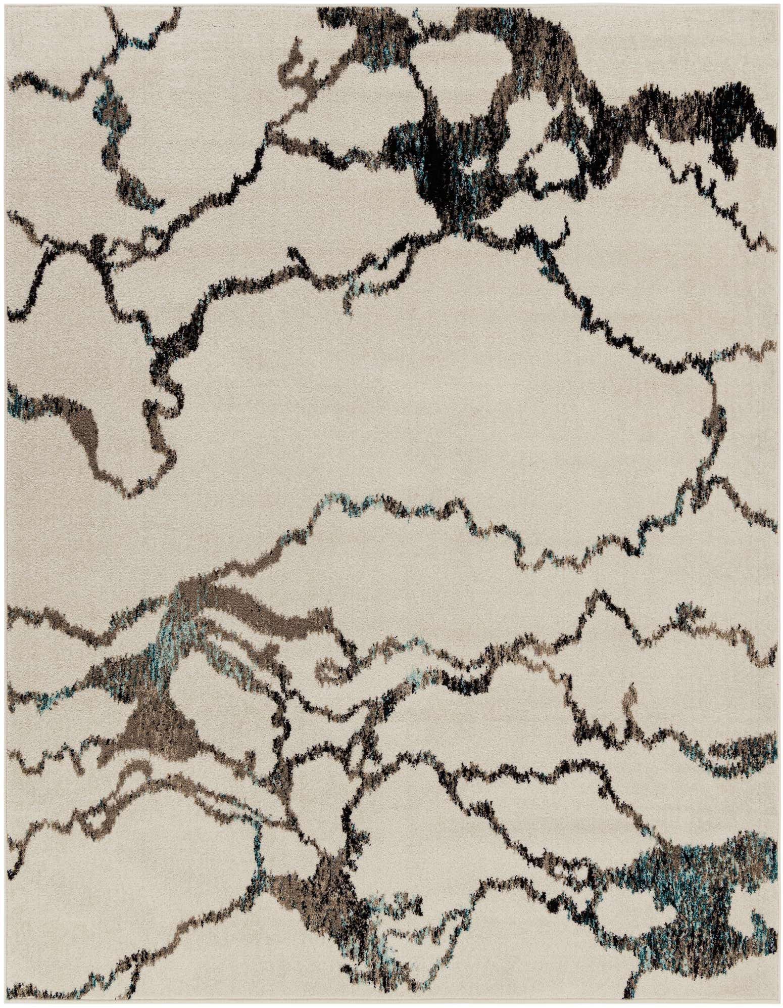 A square ivory and cream modern abstract rug with swirling lines of dark brown, black, and subtle teal.