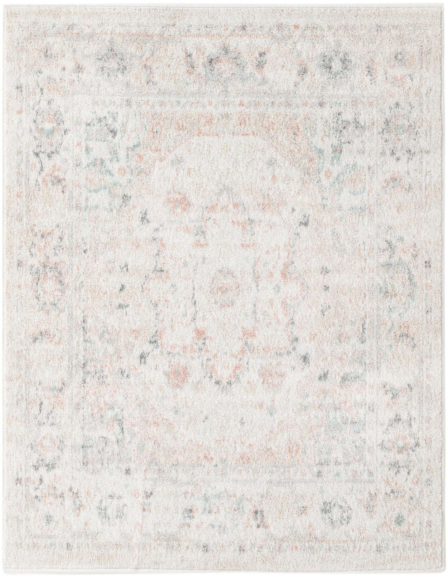 A 4x4 square ivory rug with a faded traditional medallion pattern in subtle peach, grey, and teal tones.