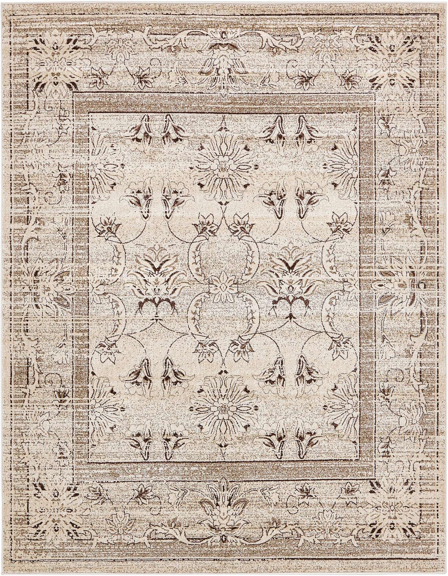A 7' 10 x 7' 10 square ivory and cream traditional area rug with a distressed floral and botanical pattern.